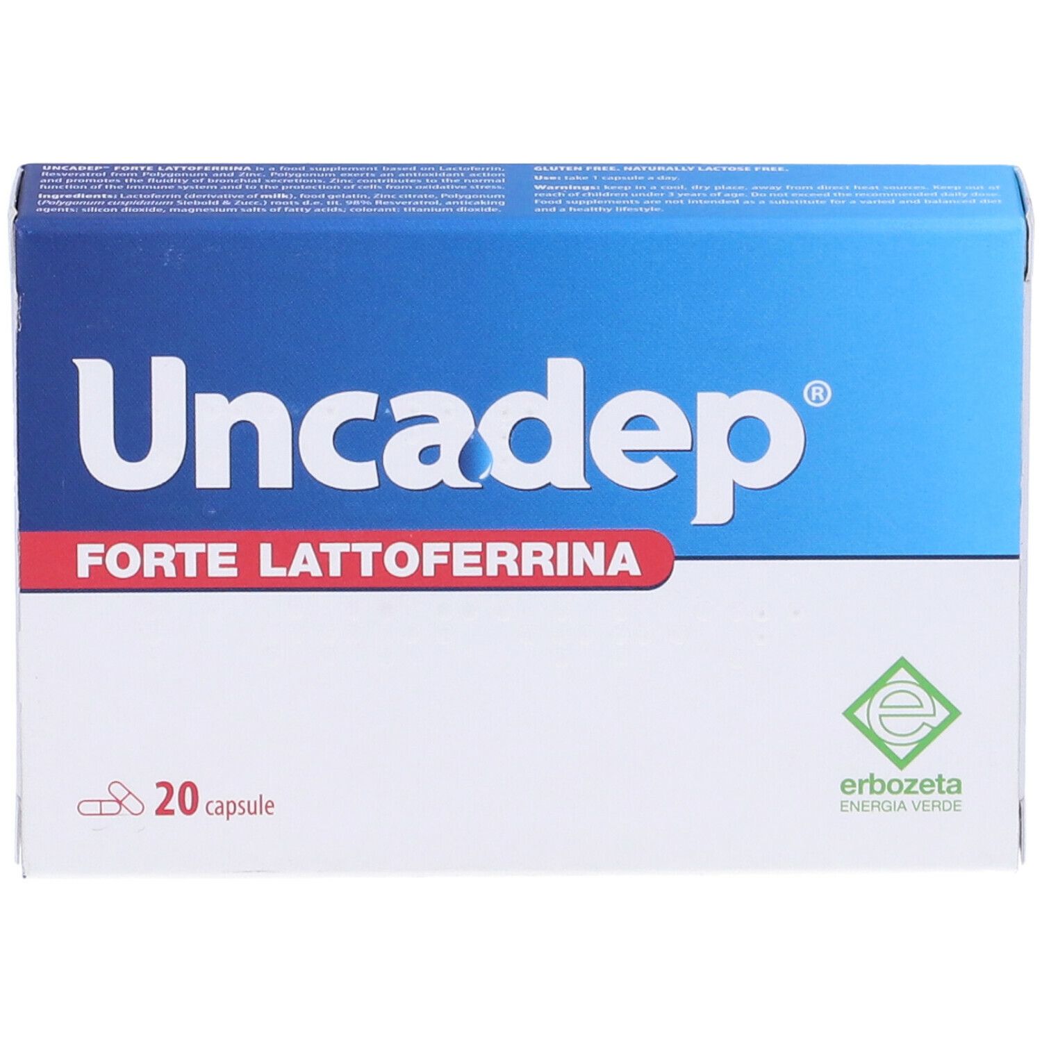 Scatola Uncadep Forte Lattoferrina, 20 capsule. Design blu e bianco, logo e nome del prodotto.