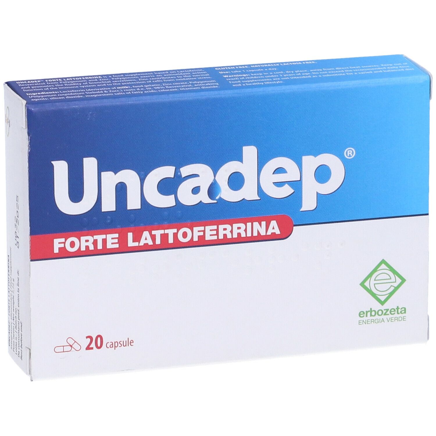 Scatola Uncadep Forte Lattoferrina, 20 capsule. Design blu e bianco, logo e nome del prodotto.