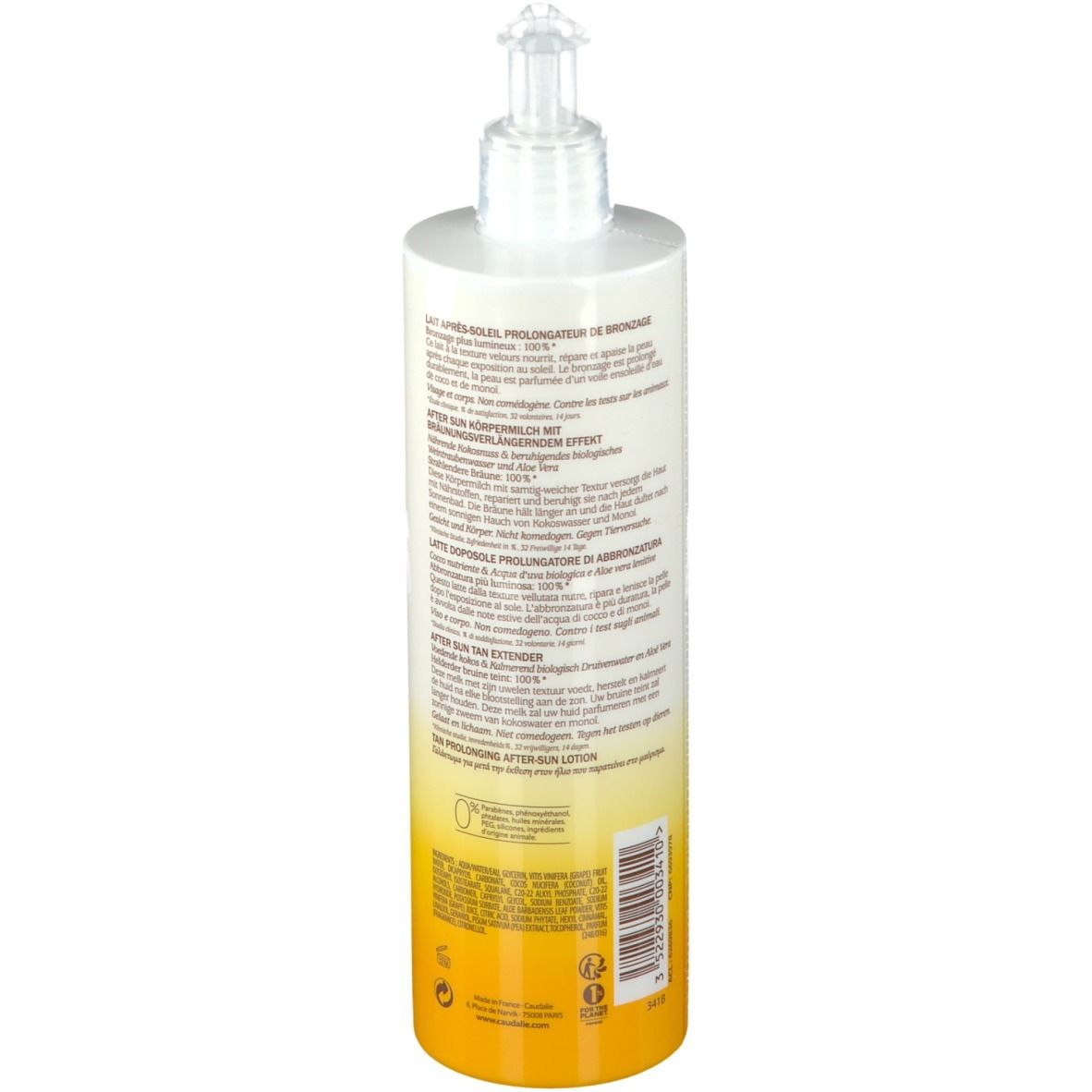 Flacone Caudalie con dosatore. Retro con informazioni sul prodotto e ingredienti. Testo multilingue.