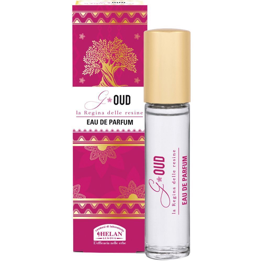 Flacone di profumo con tappo dorato e confezione. Scritta: G*OUD, Eau de Parfum.