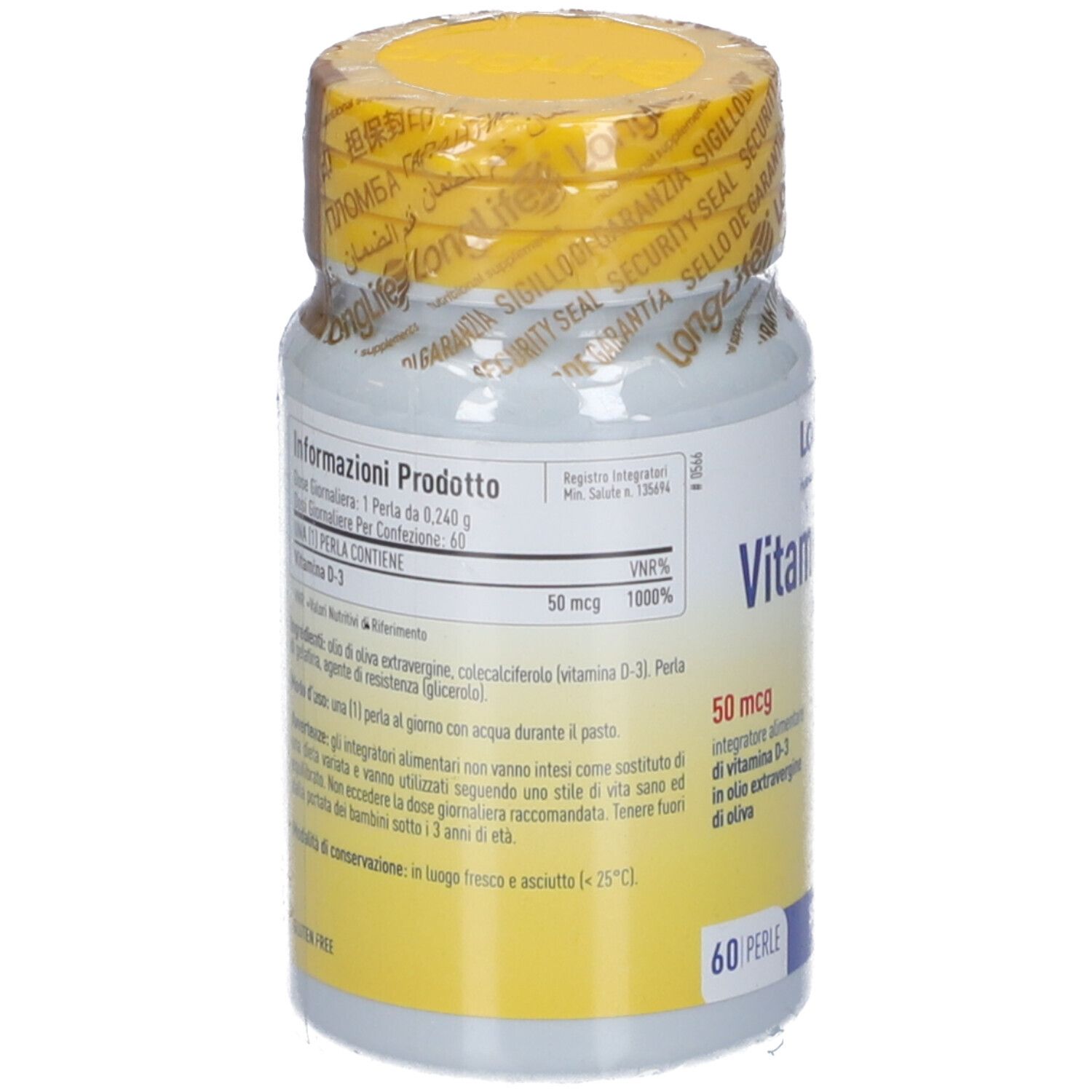 Rückseite der LongLife Vitamin D 2000 Flasche. Weiße Etiketten mit Produktinformationen. Sichtbare Schriftzüge: Vitamin D-3, 50 mcg, 60 Perlen.