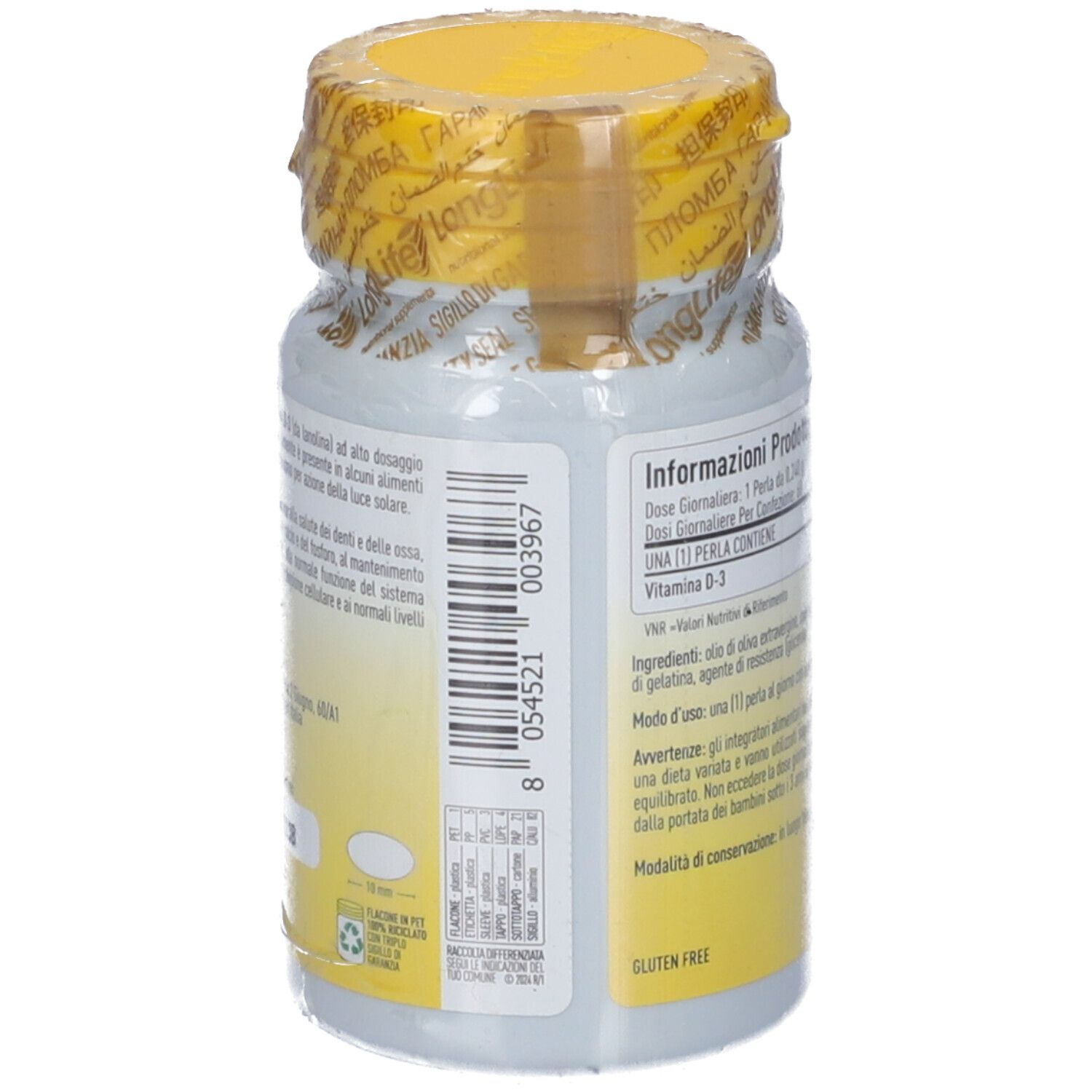Rückseite der LongLife Vitamin D 2000 Flasche. Weiße Etiketten mit Produktinformationen. Sichtbare Schriftzüge und Logos.