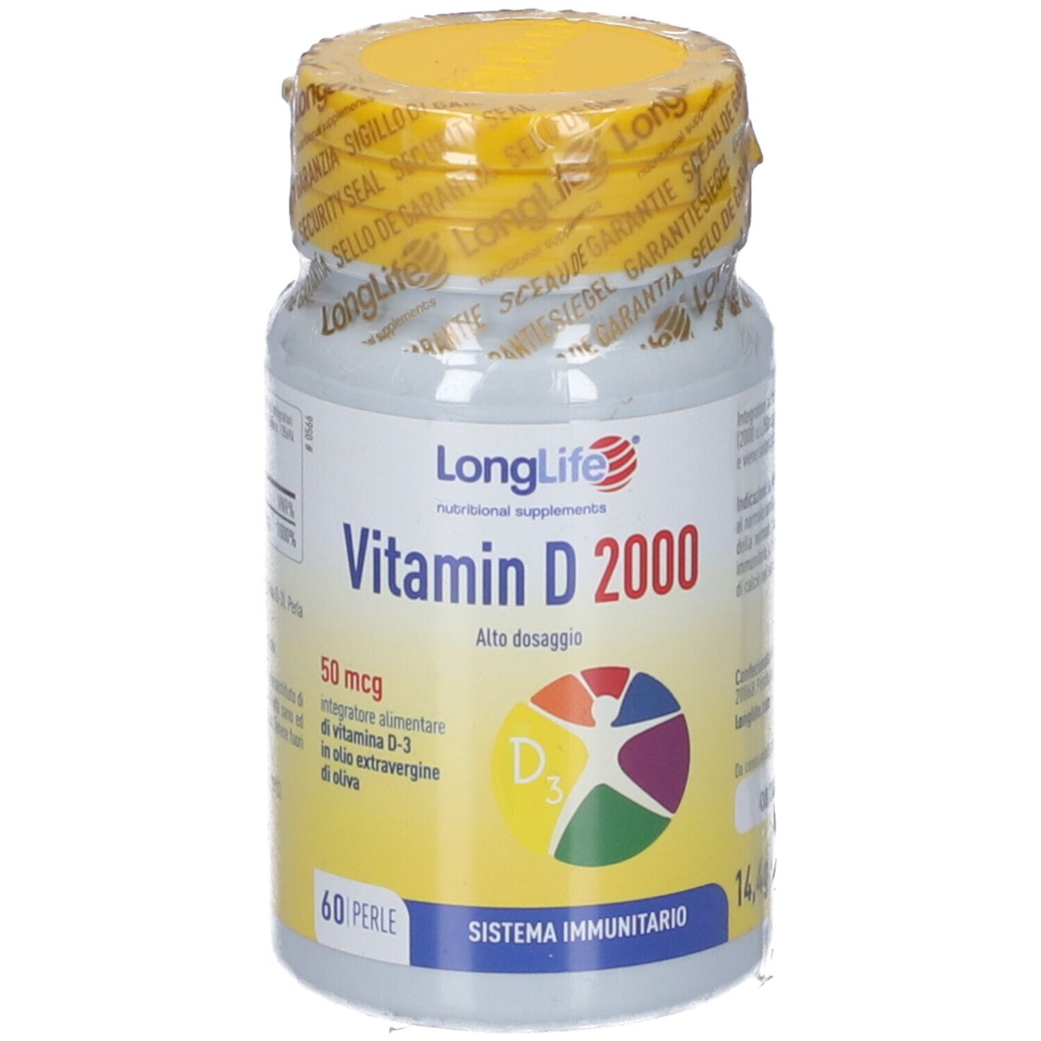 Behälter mit LongLife Vitamin D 2000. Gelber Deckel, weißes Etikett mit Produktinformationen. Sichtbare Schriftzüge: Vitamin D 2000, 50 mcg, 60 Perlen, 14,4g.