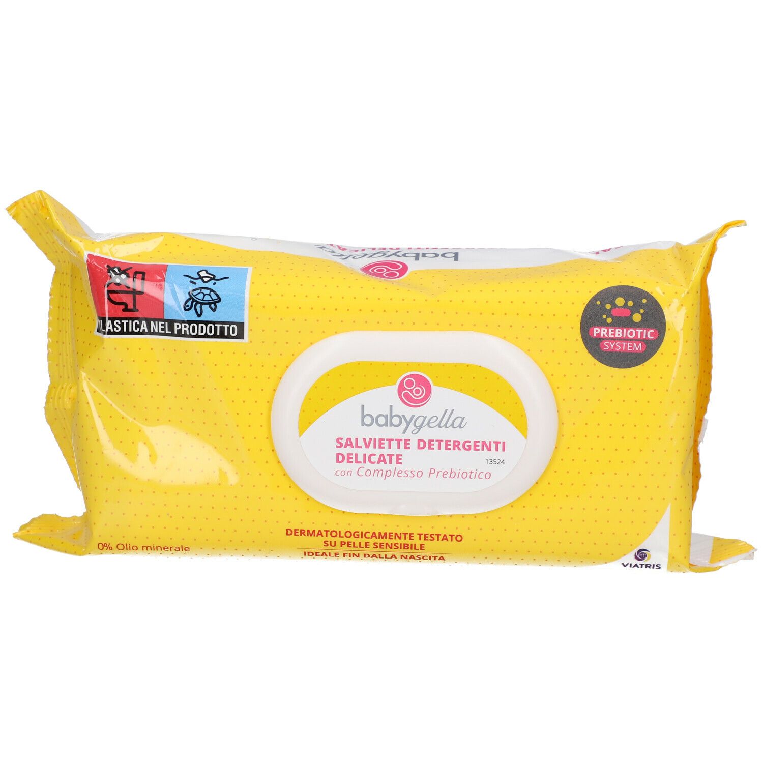 Confezione gialla Babygella. Salviette detergenti delicate con complesso prebiotico. Testato dermatologicamente.