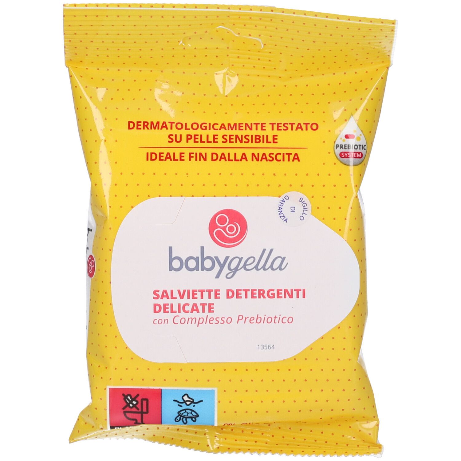 Gelbe Verpackung mit Produktnamen und Logo. Text: Dermatologisch getestet, ideal ab Geburt. Enthält Prebiotika.