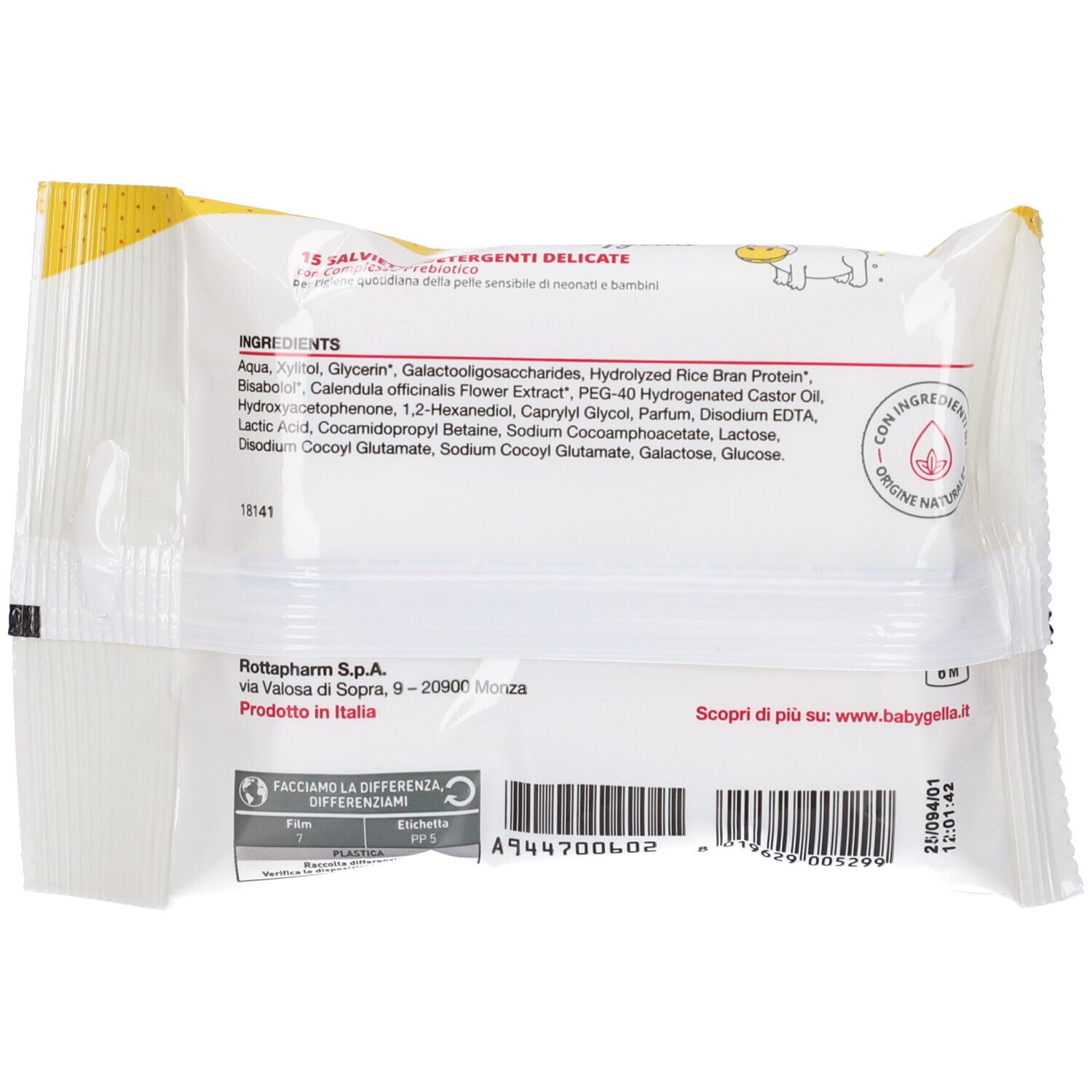 Rückseite der Verpackung mit Inhaltsstoffen und Herstellerinformationen. Text: Hergestellt in Italien.