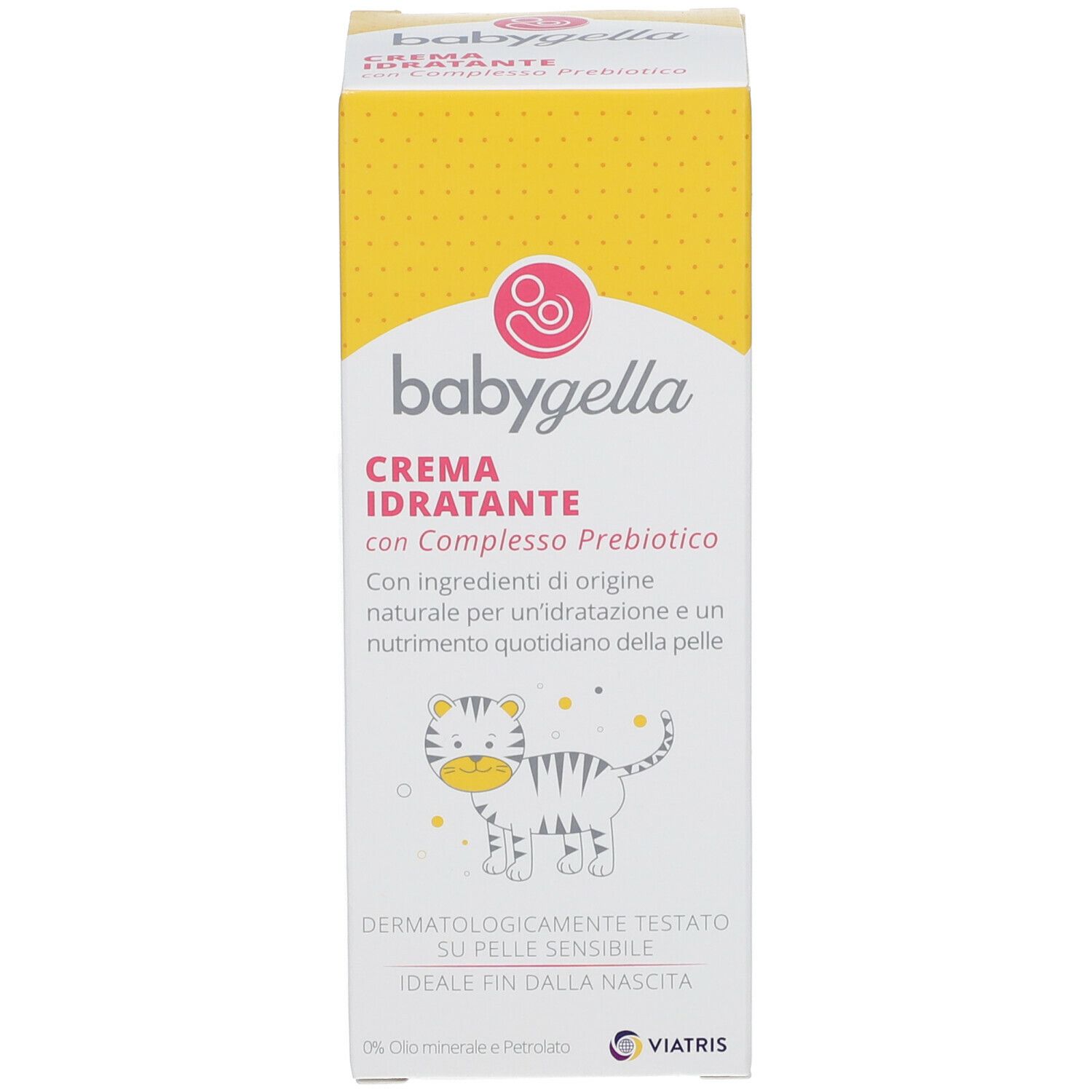 Scatola con scritta: Babygella, Crema Idratante. Con illustrazione di tigre e nome del prodotto.