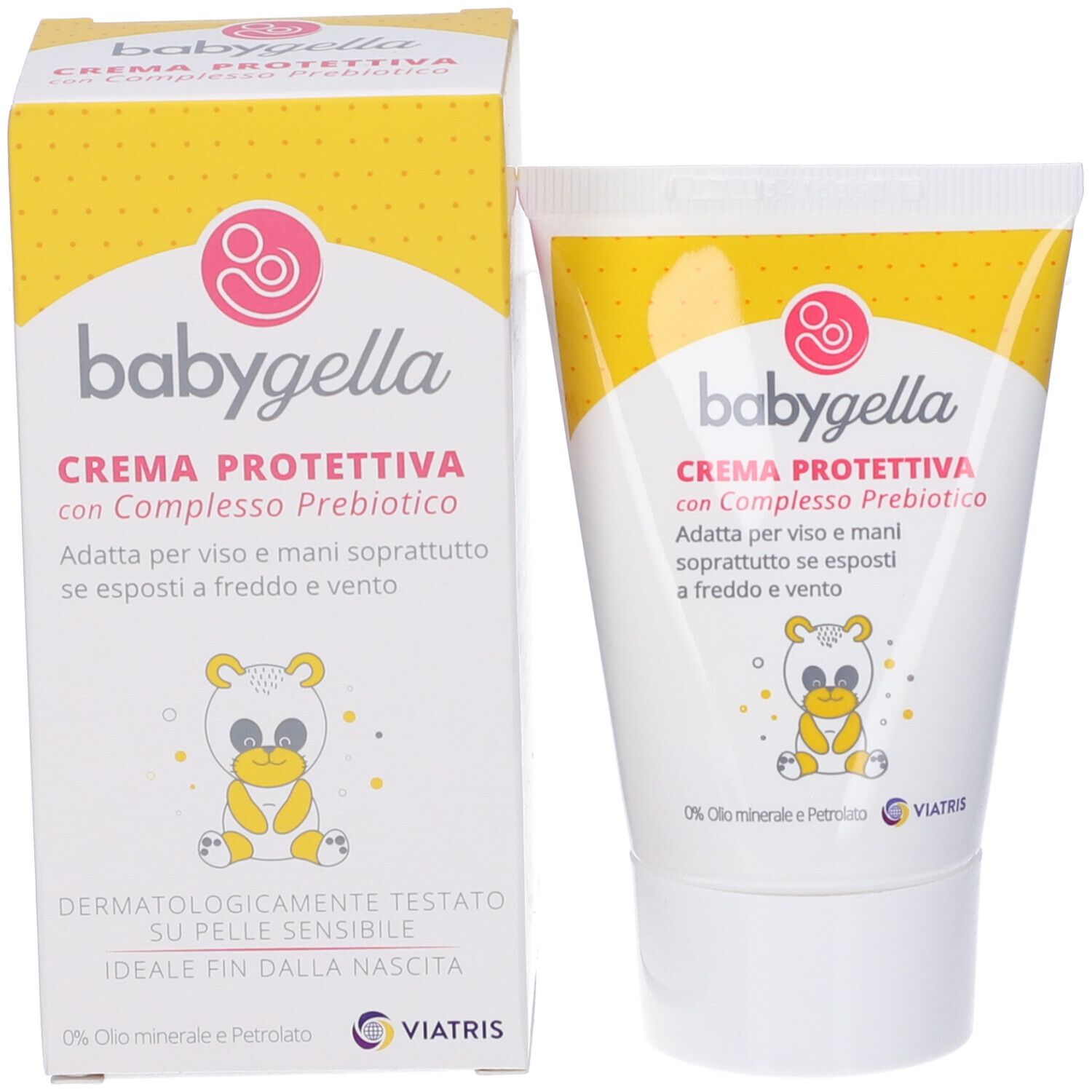 Babygella Creme und Verpackung. Aufschrift: Crema Protettiva con Complesso Prebiotico. Abbildung eines Bären. Verpackung.