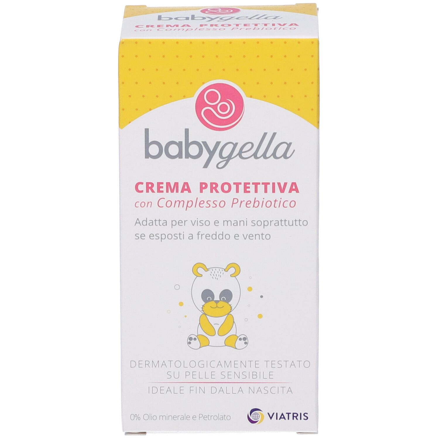Verpackung der Babygella Creme. Aufschrift: Crema Protettiva con Complesso Prebiotico. Abbildung eines Bären. Gelber Hintergrund.