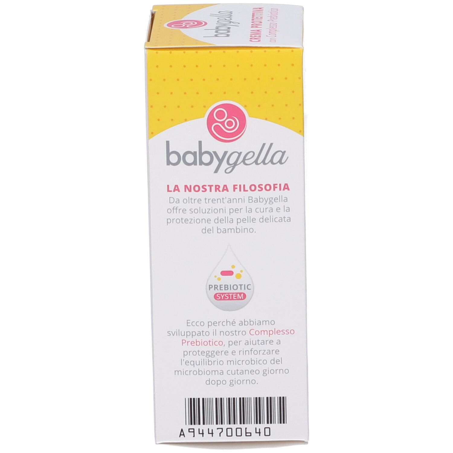 Seite der Verpackung. Text: Babygella, die Philosophie. Beschreibung des Prebiotic Systems. Barcode.