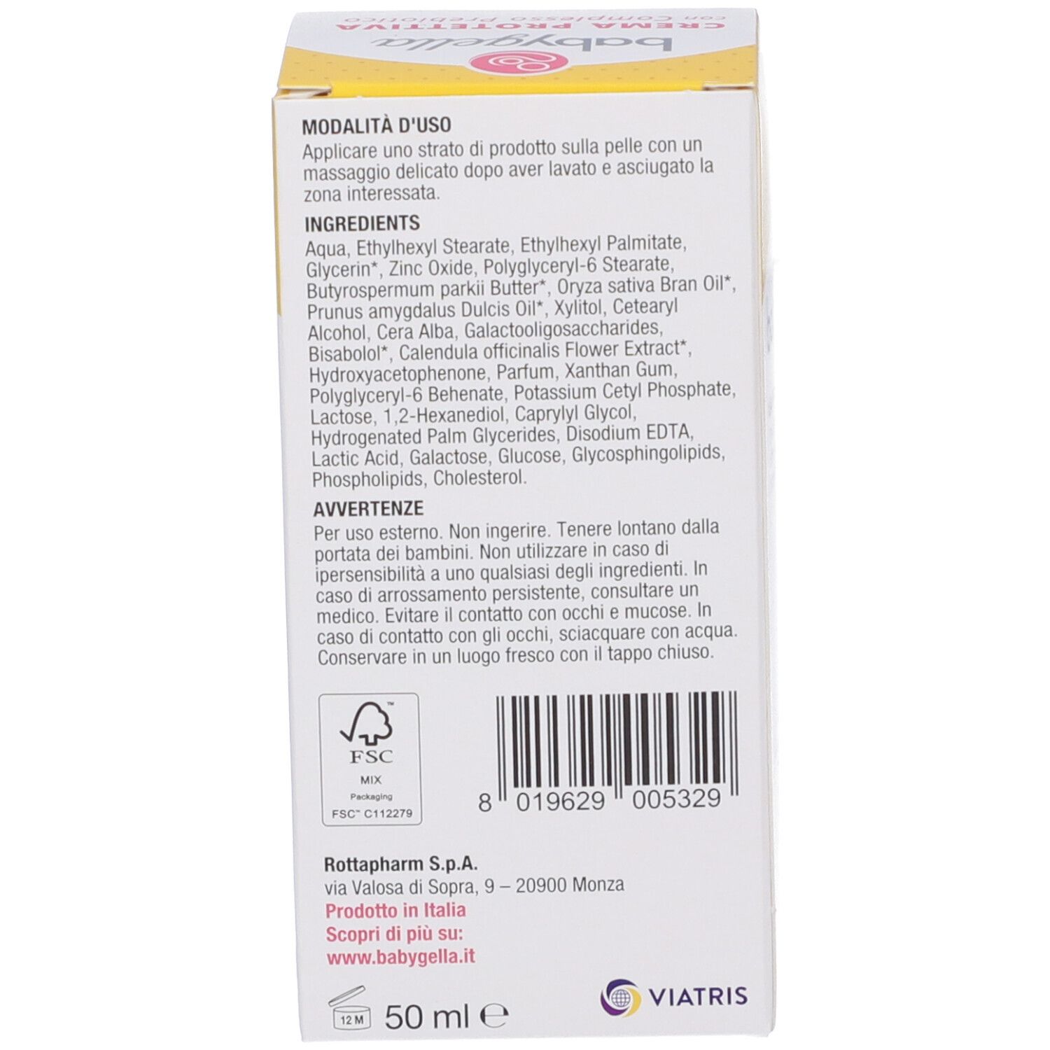 Seite der Verpackung. Text: Anwendungshinweise, Inhaltsstoffe, Warnhinweise. FSC-Logo. Volumen: 50 ml.