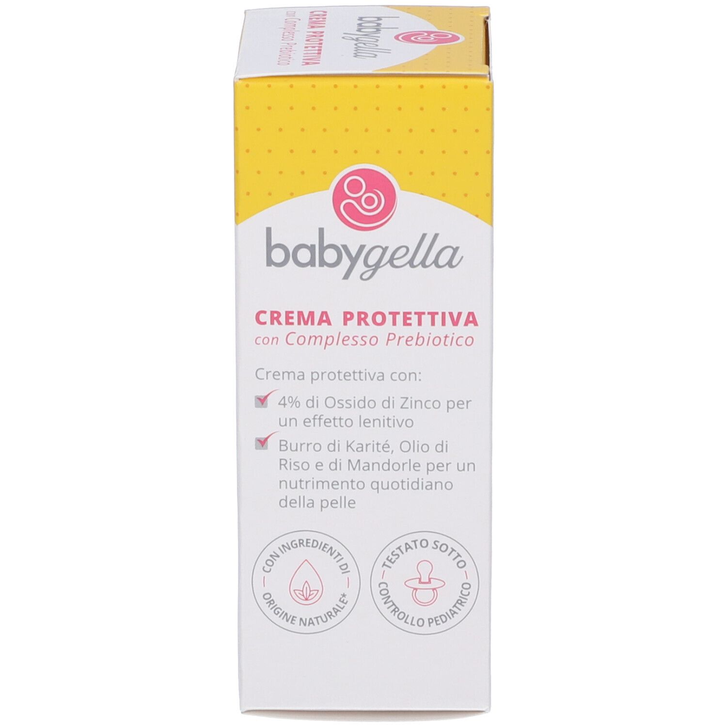 Seite der Verpackung. Text: Babygella Creme mit: Zinkoxid, Karitébutter, Reisöl, Mandelöl. Zertifizierungen.