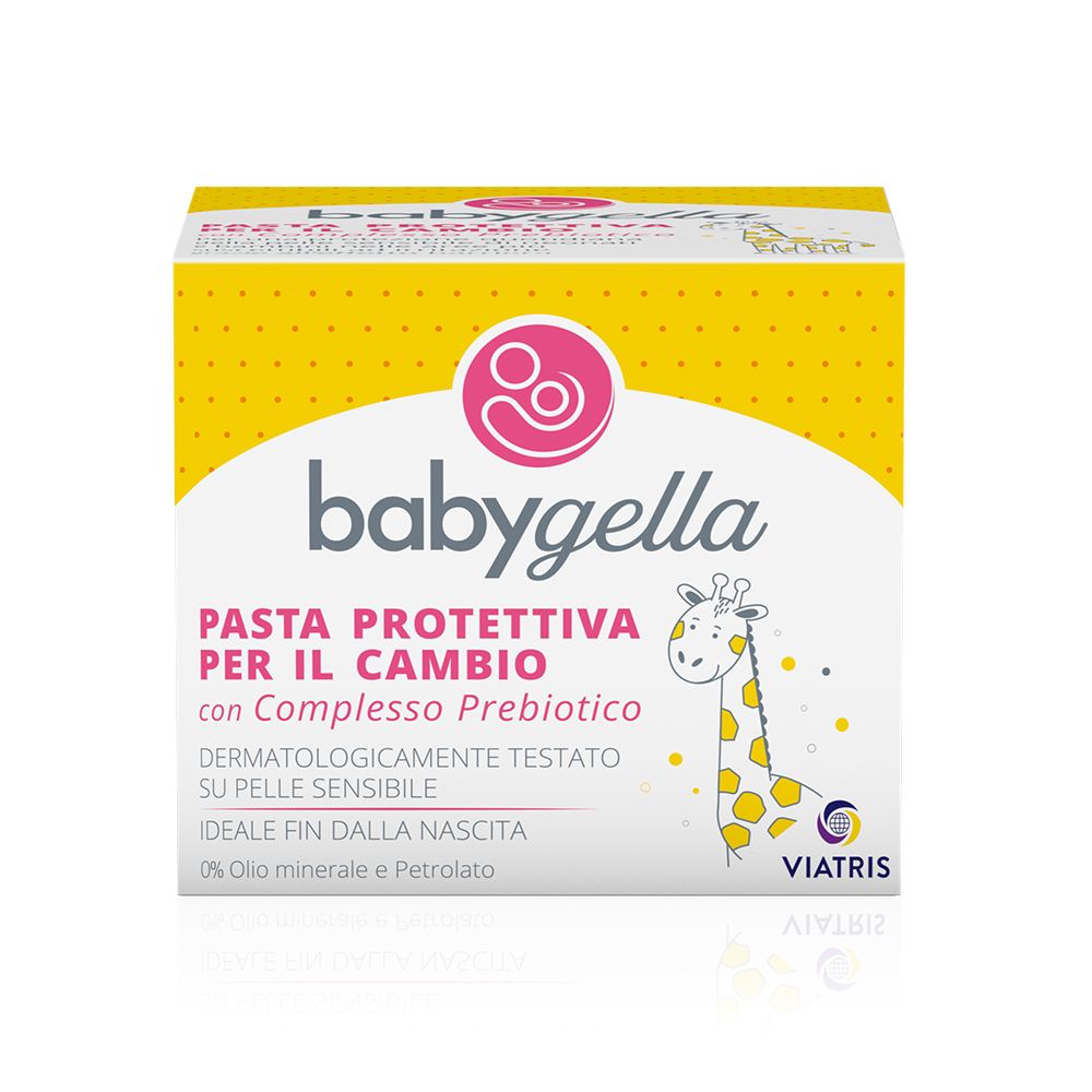 Scatola gialla e bianca con nome del prodotto e illustrazione di giraffa. Testo in italiano.