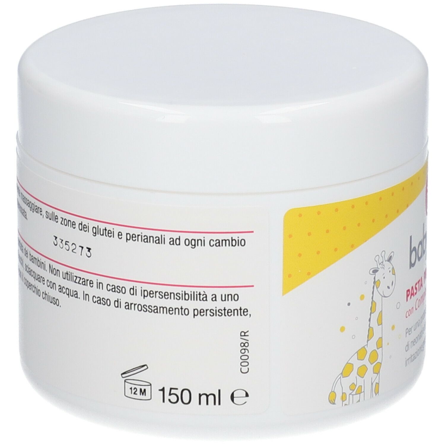 Vaso bianco con nome del prodotto e testo in italiano. Sfondo giallo.