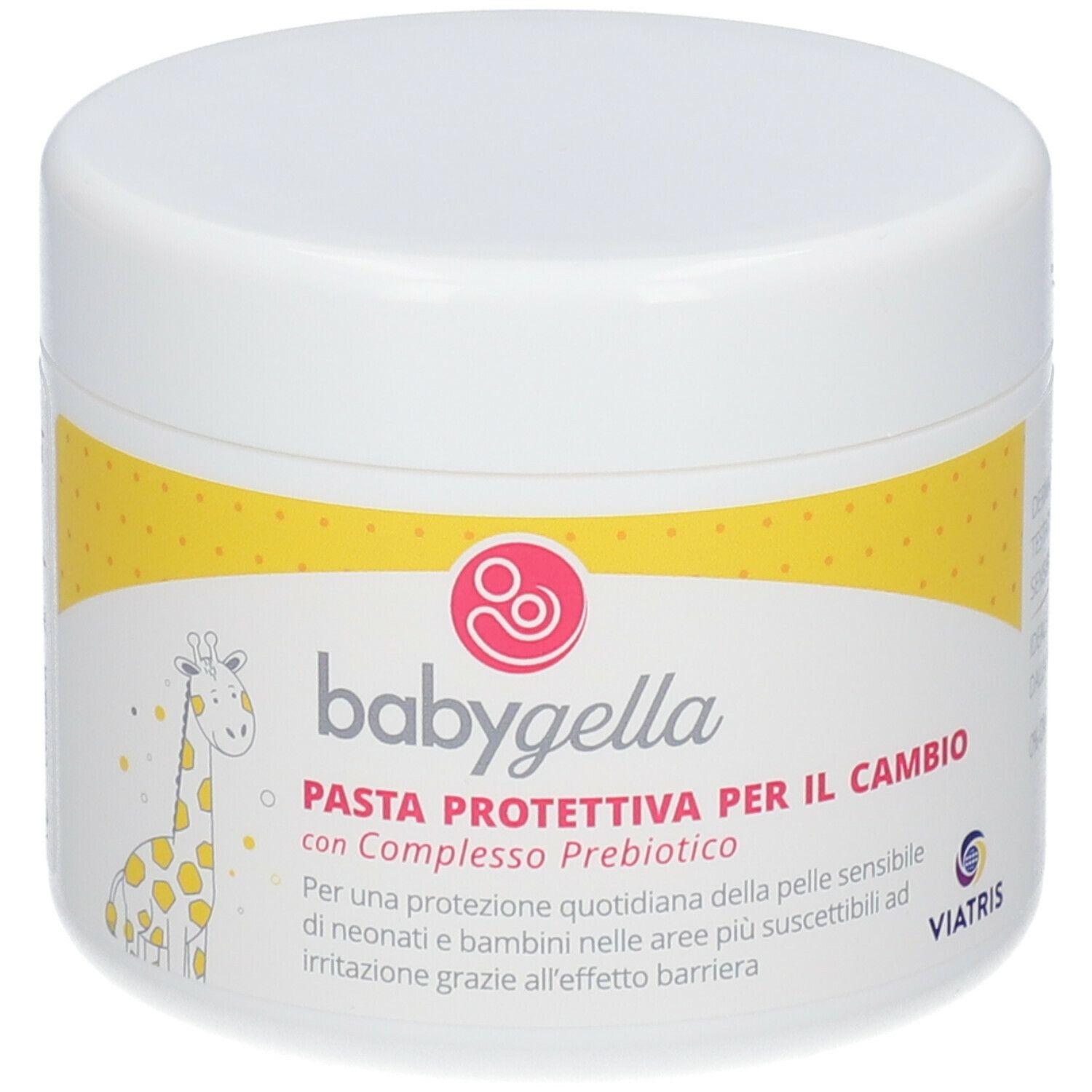 Vaso bianco con nome del prodotto e testo in italiano. Sfondo giallo.