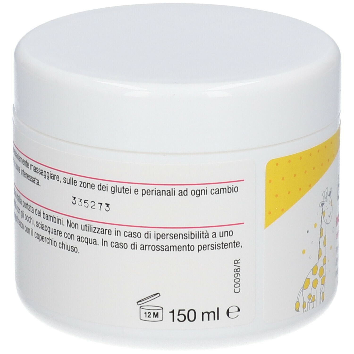 Vaso bianco con nome del prodotto e testo in italiano. Sfondo giallo.