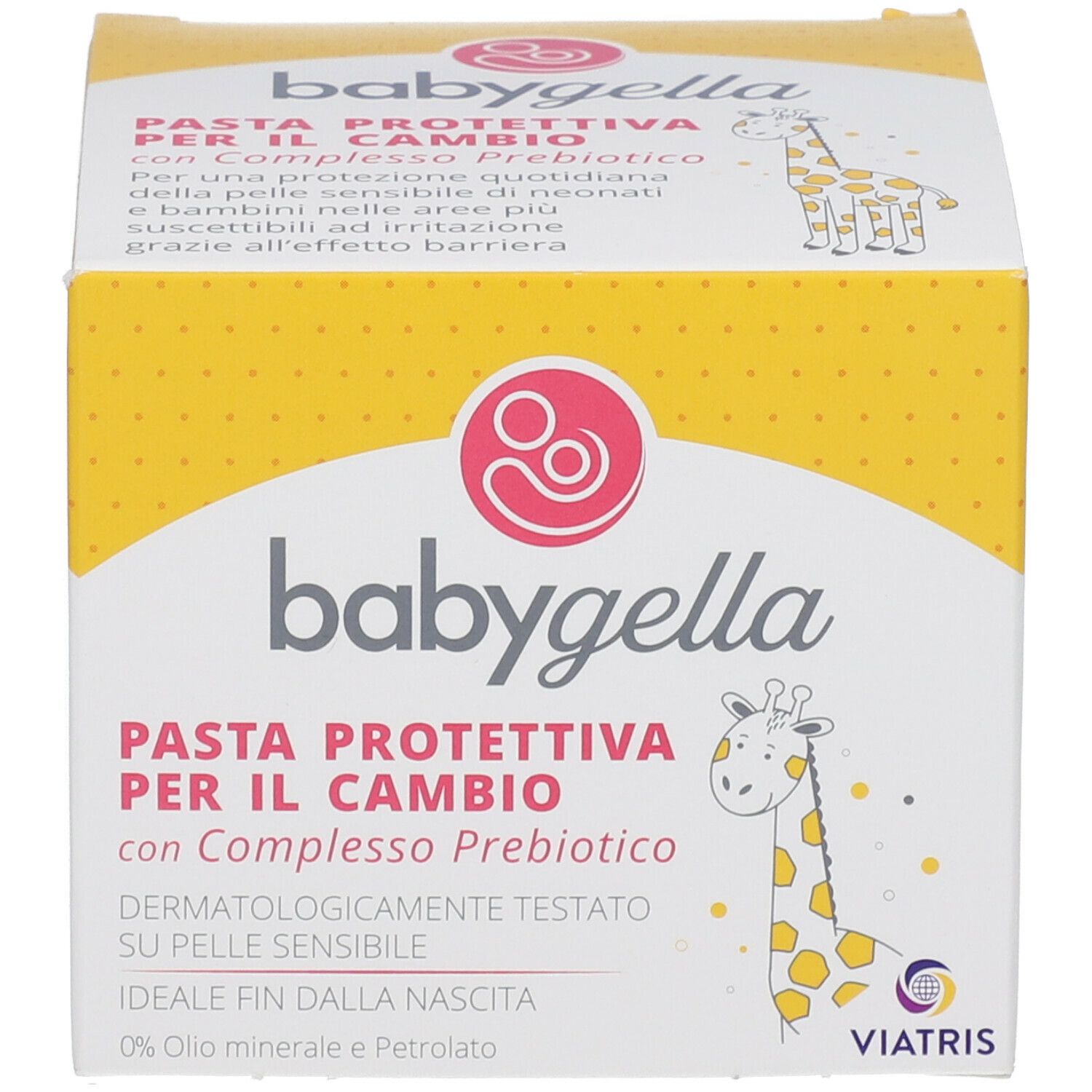 Scatola gialla e bianca con nome del prodotto e illustrazione di giraffa. Testo in italiano.