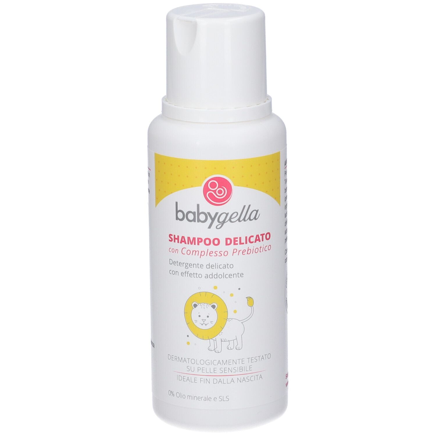 Babygella Shampoo Delicato Flasche mit Prebiotika-Komplex. Weißer Behälter mit gelbem Etikett und Löwenmotiv.