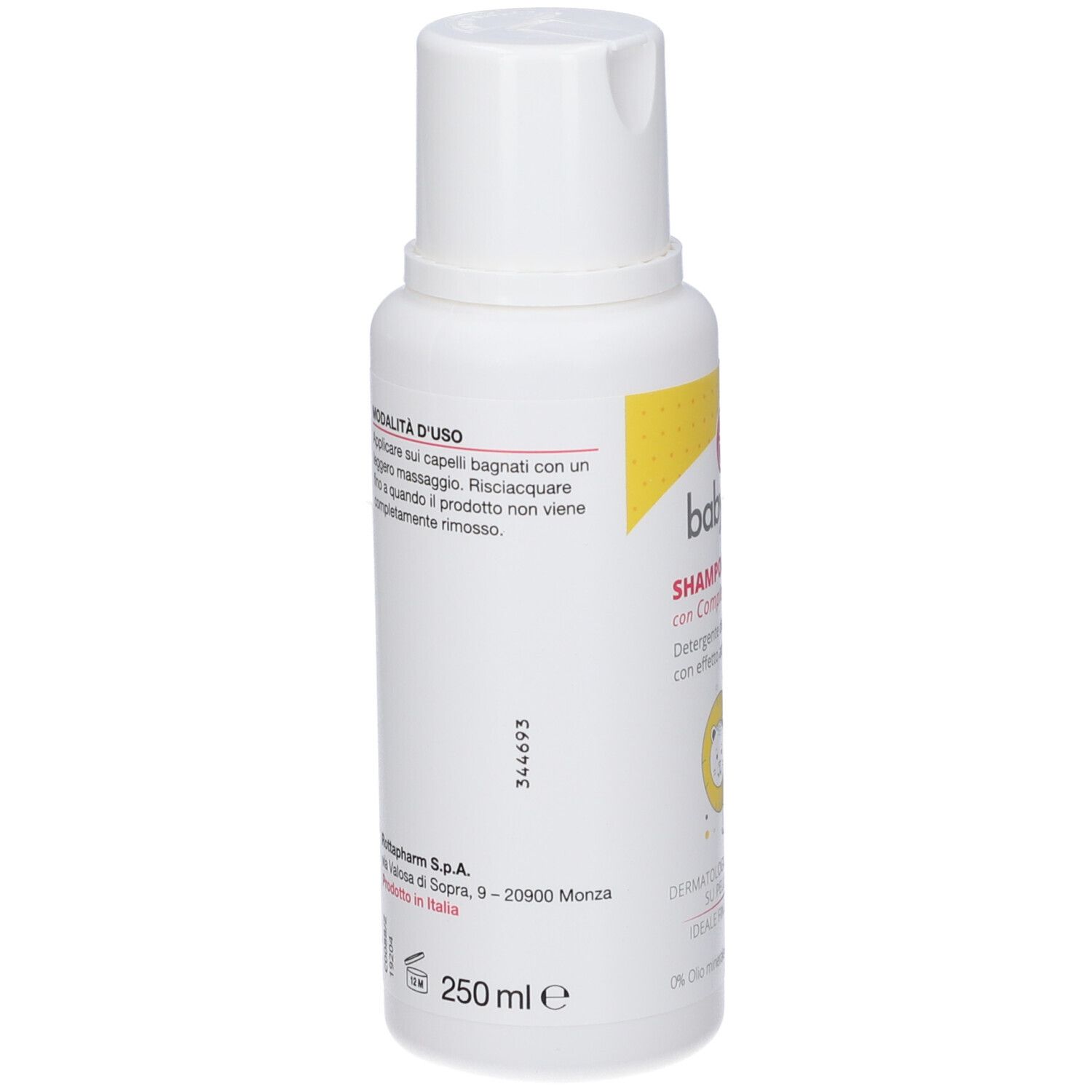 Weiße Flasche mit gelbem Etikett, 250 ml Baby-Shampoo.