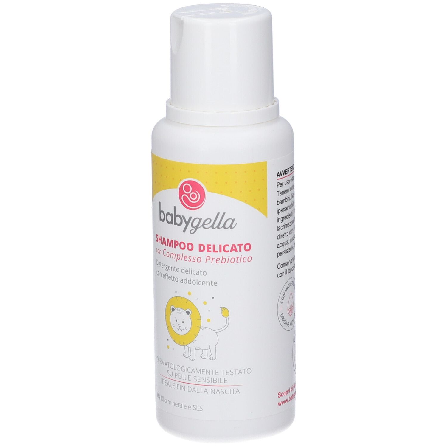 Babygella Shampoo Delicato Flasche mit Prebiotika-Komplex. Gelber Löwenaufdruck.