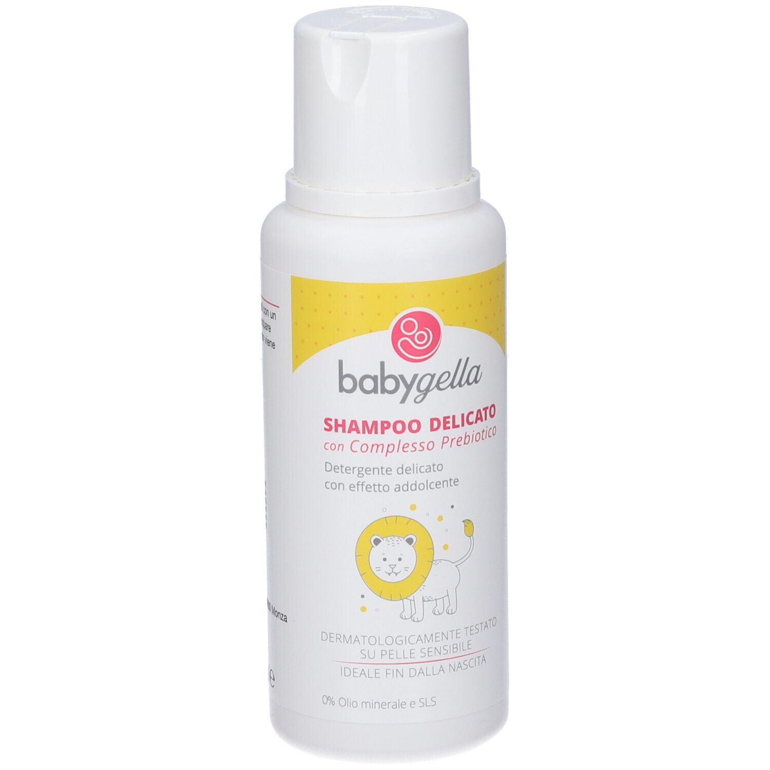 Babygella Shampoo Delicato Flasche mit Löwenmotiv. Enthält Prebiotika-Komplex.