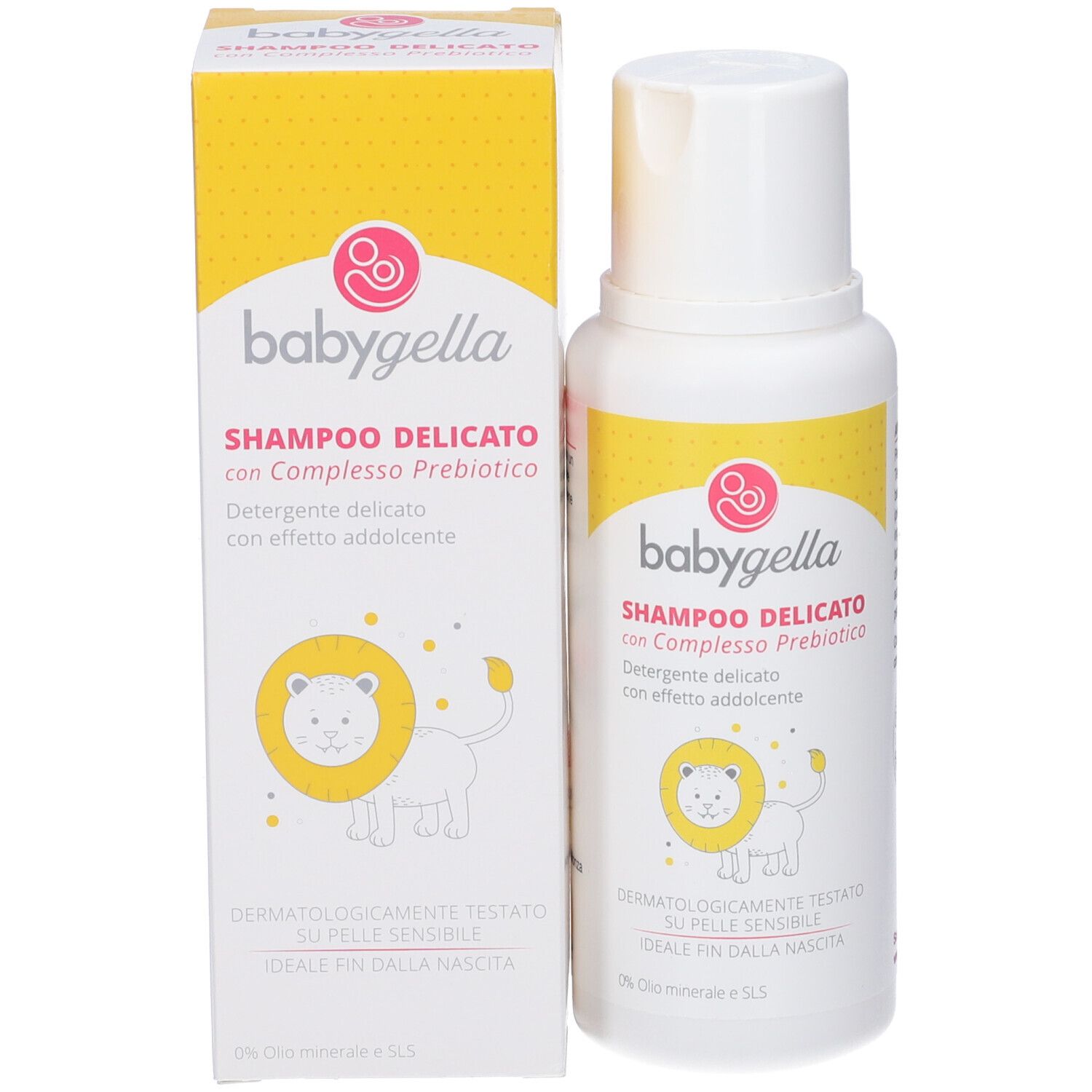 Babygella Shampoo Delicato mit Prebiotika in weißer Flasche und Verpackung mit Löwenmotiv.