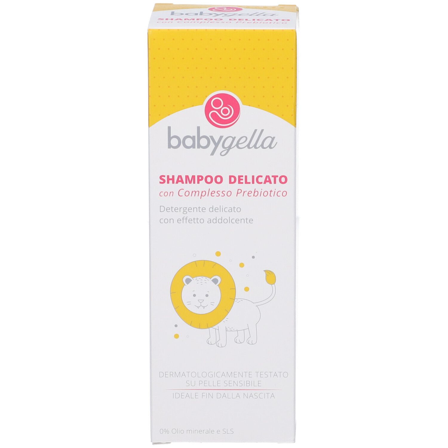 Babygella Shampoo Delicato mit Prebiotika-Komplex. Sanfte Reinigung für empfindliche Haut. Mit Löwen-Illustration.