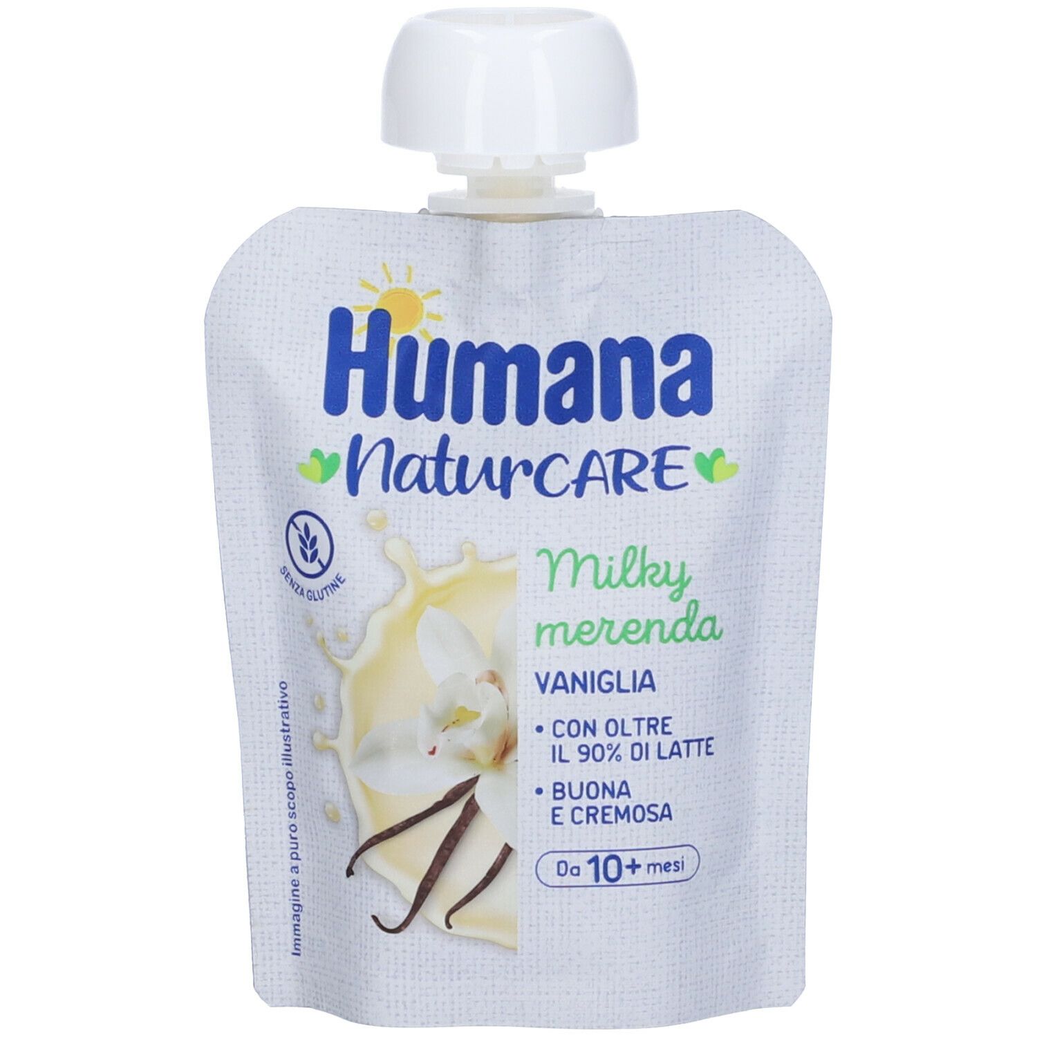 Humana NaturCARE Milkymerenda Vaniglia. Confezione con immagine e testo del prodotto. Senza glutine. Con oltre il 90% di latte. Da 10+ mesi.