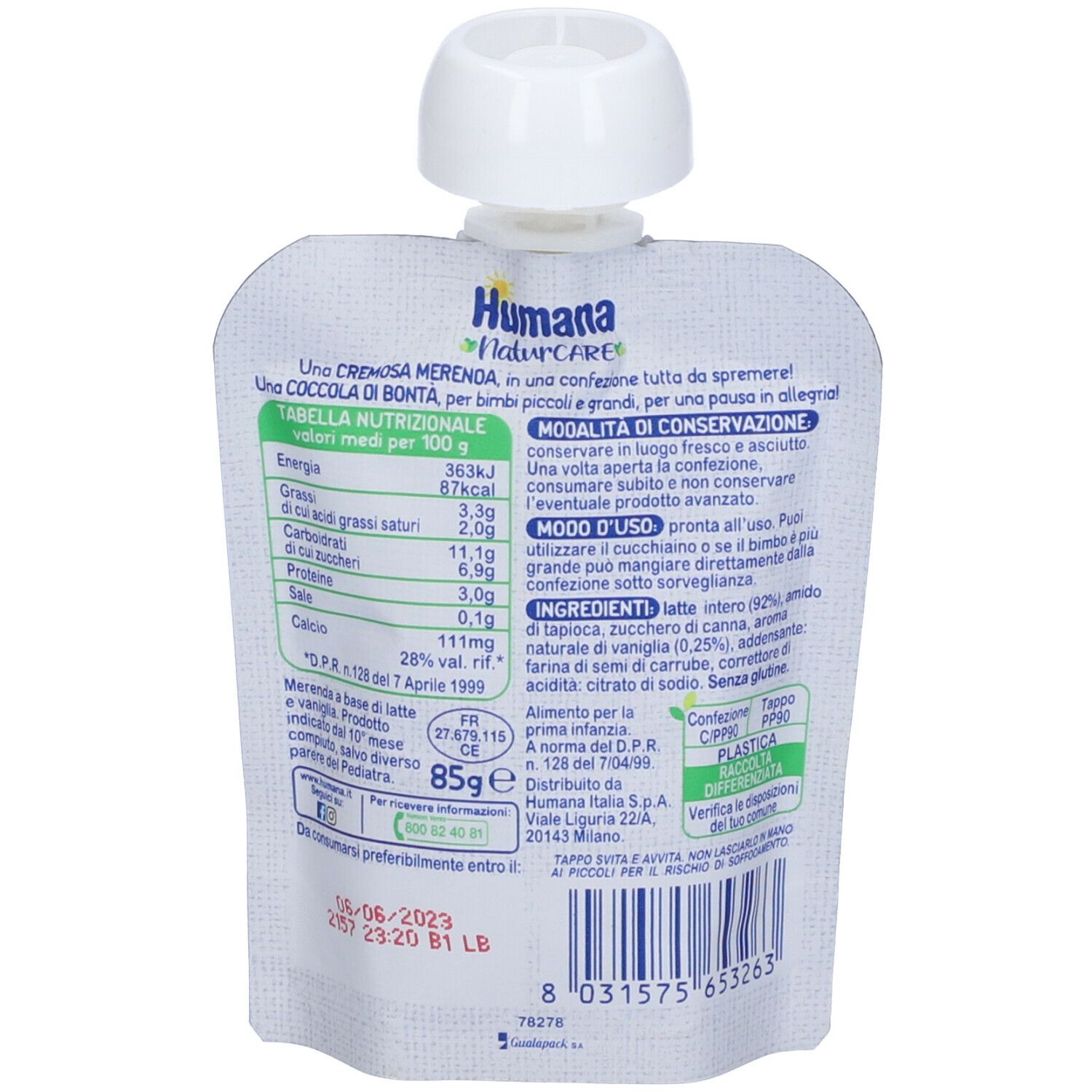 Humana NaturCARE Milkymerenda Vaniglia. Retro della confezione con informazioni nutrizionali, ingredienti e testo. 85g.