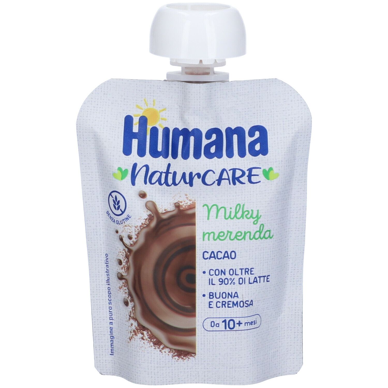 Humana NaturCARE Milkymerenda Cacao. Sacchetto bianco con immagine di cacao. Chiusura bianca in alto. Testo: Senza glutine, da 10+ mesi.