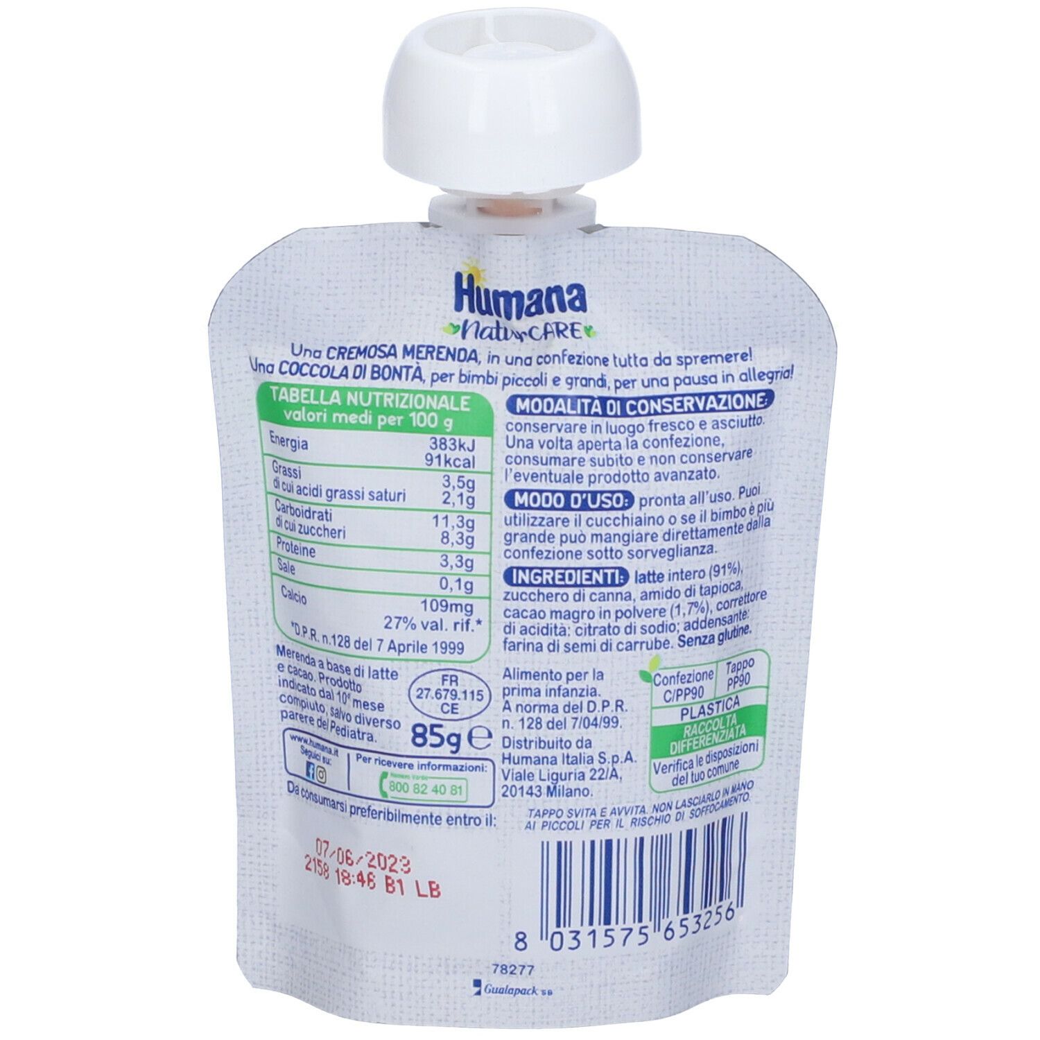 Retro del sacchetto Humana NaturCARE Milkymerenda Cacao. Contiene tabella nutrizionale, elenco ingredienti e istruzioni per l'uso. Chiusura bianca.