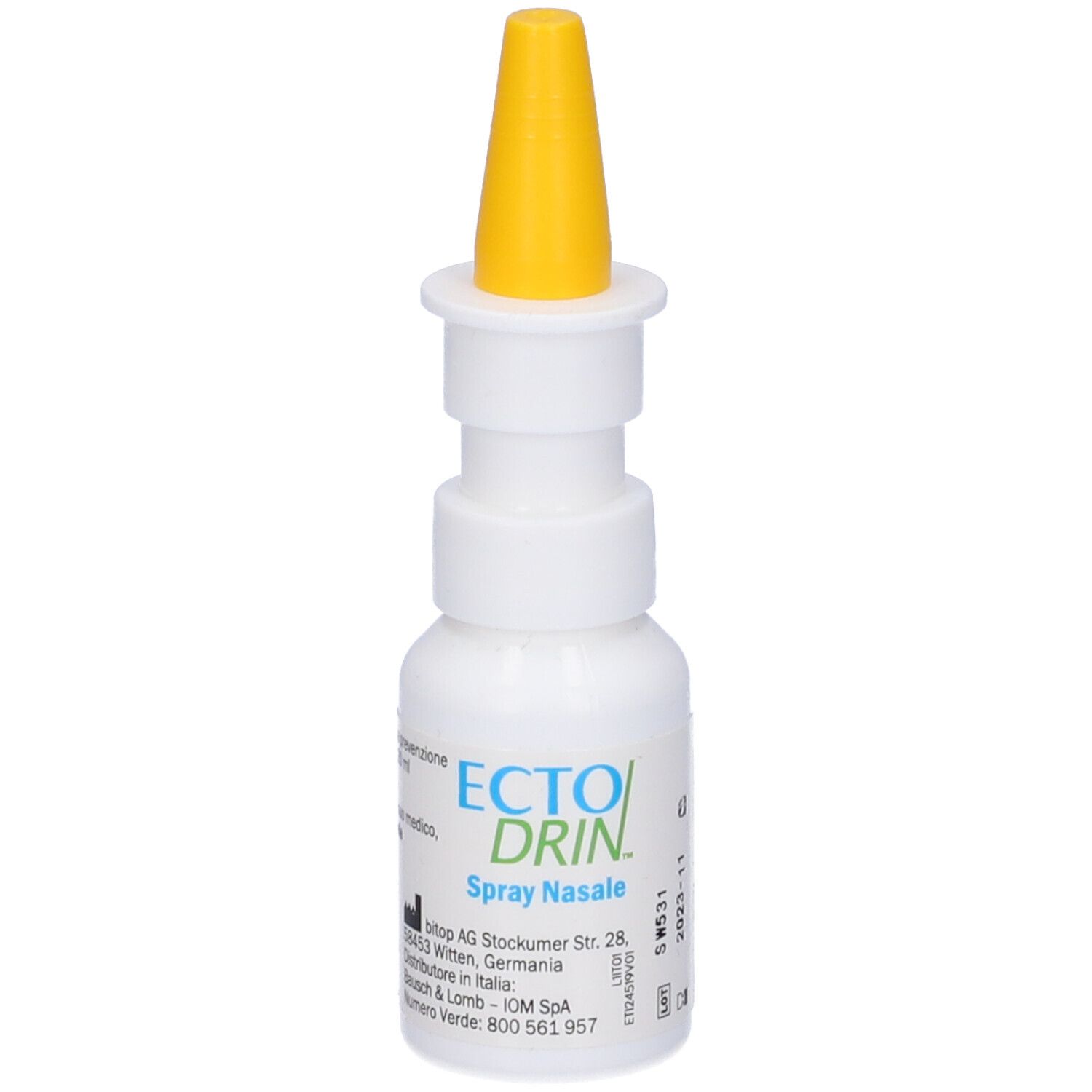 Flacone bianco con erogatore giallo. Nome prodotto: Ectodrin Spray Nasale. Informazioni del produttore stampate.