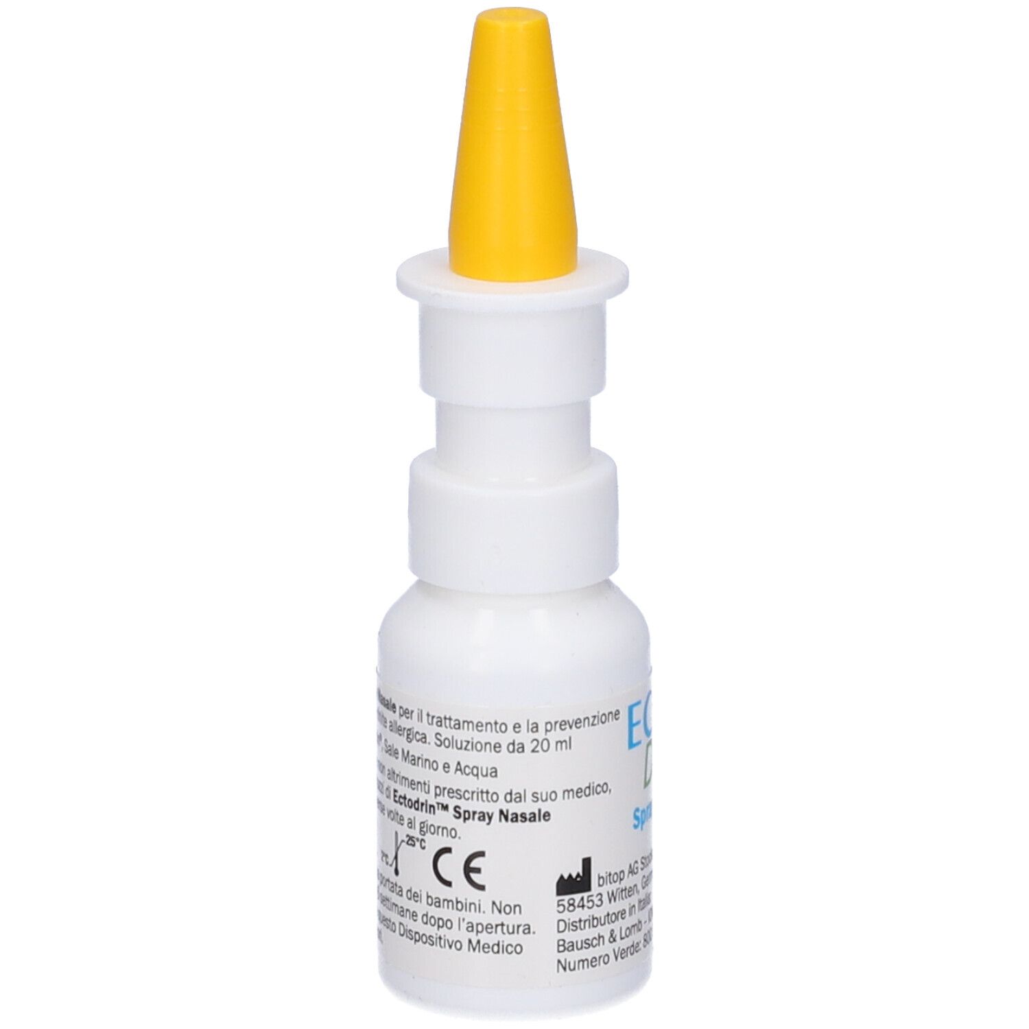 Flacone bianco con erogatore giallo. Nome prodotto: Ectodrin Spray Nasale. Stampa con informazioni del produttore e marchio CE.