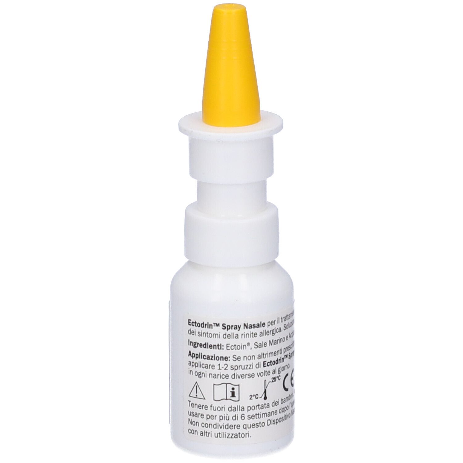 Flacone bianco con erogatore giallo. Nome prodotto: Ectodrin Spray Nasale. Stampa con informazioni del produttore e avvertenze.