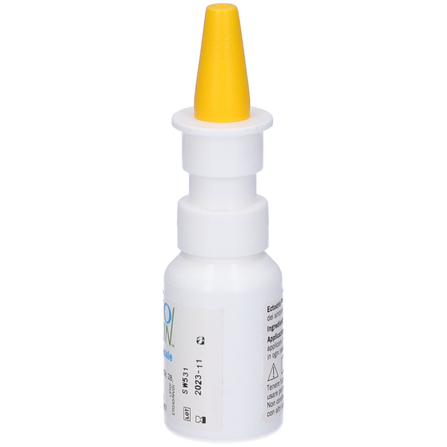 Flacone bianco con erogatore giallo. Nome prodotto: Ectodrin Spray Nasale. Stampa con informazioni del produttore e data di scadenza.