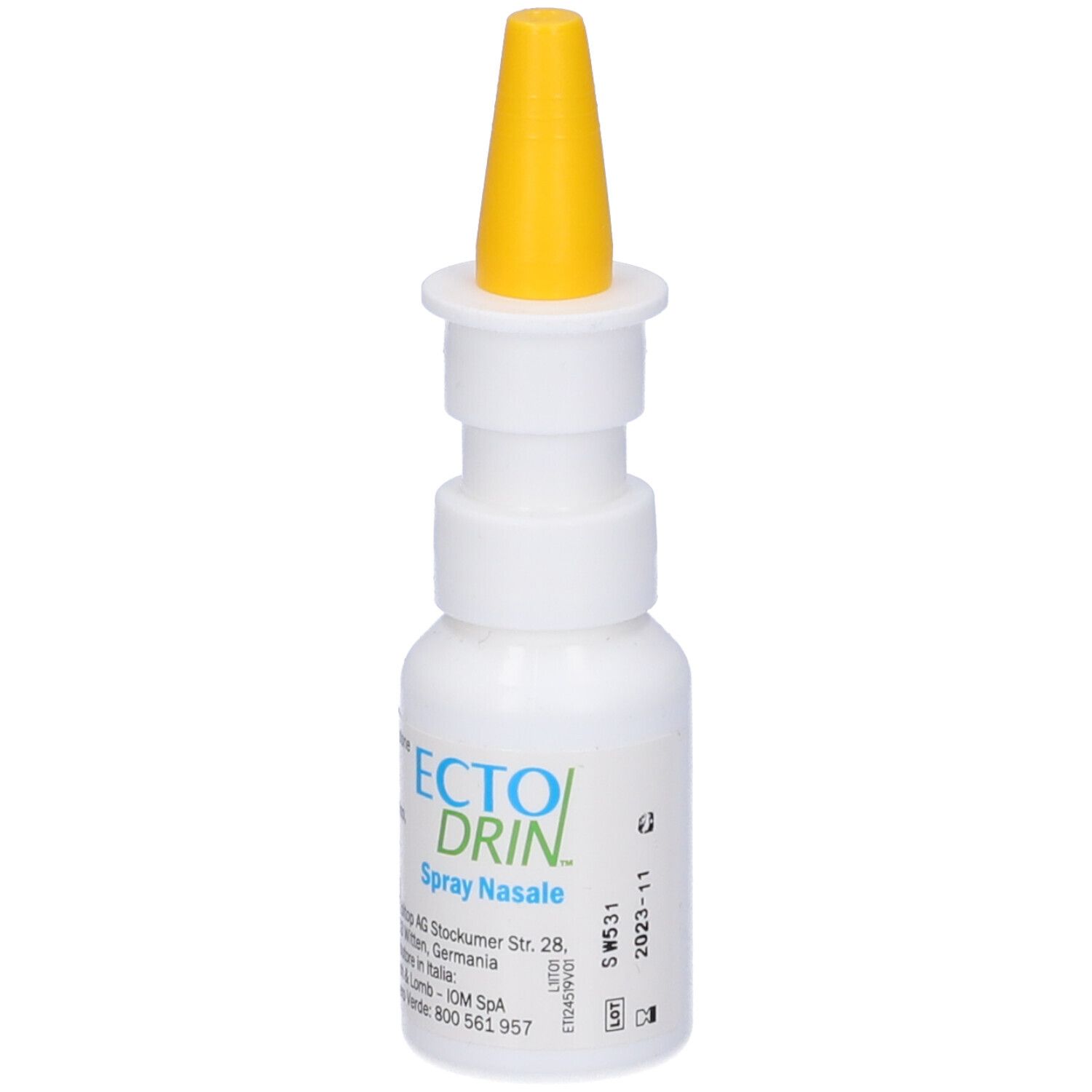 Flacone bianco con erogatore giallo. Nome prodotto: Ectodrin Spray Nasale. Stampa con informazioni del produttore e data di scadenza.