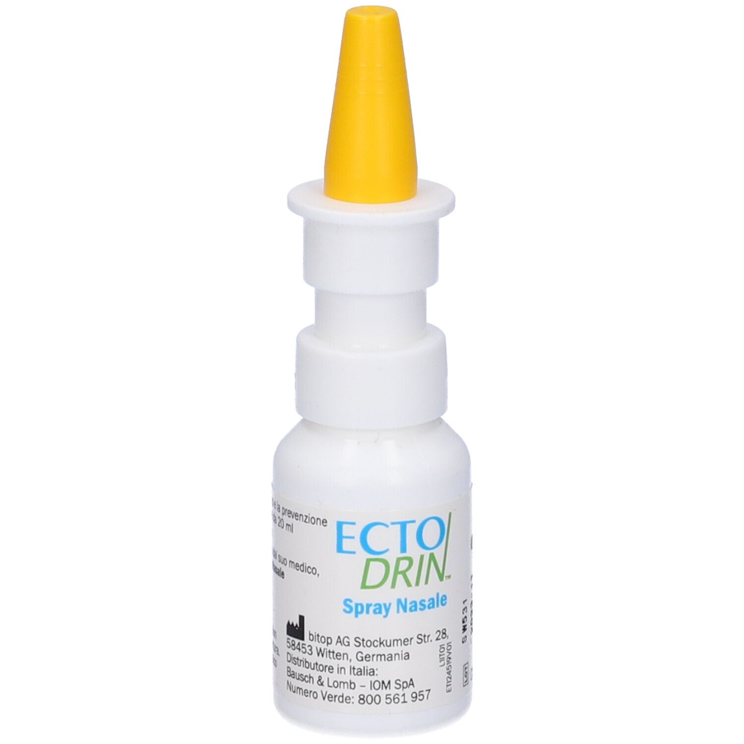 Flacone bianco con erogatore giallo. Nome prodotto: Ectodrin Spray Nasale. Stampa con informazioni del produttore.
