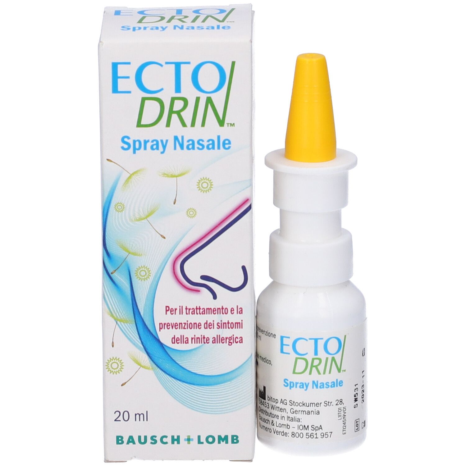 Flacone spray nasale e confezione. Nome prodotto: Ectodrin Spray Nasale. Produttore: Bausch + Lomb. Flacone bianco con erogatore giallo.