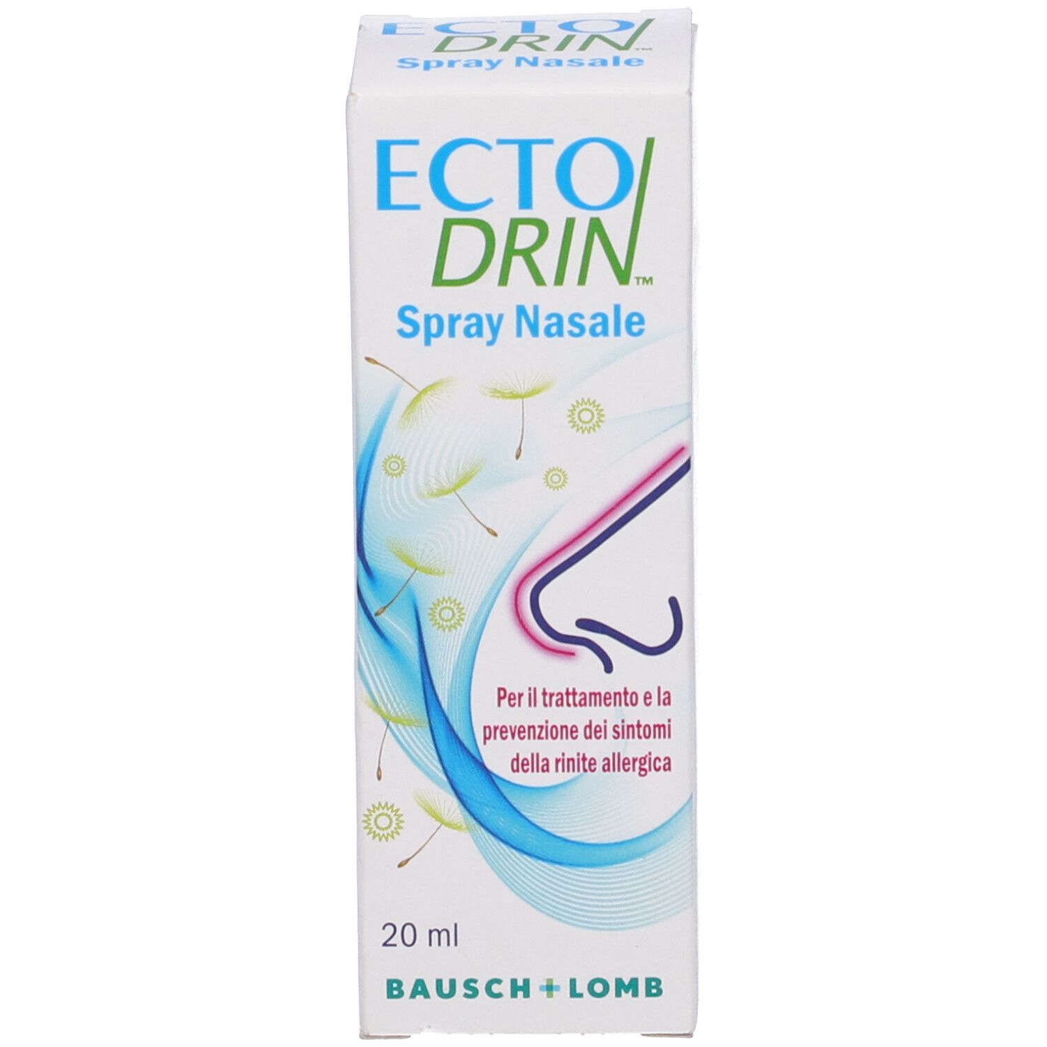 Confezione per spray nasale. Nome prodotto: Ectodrin Spray Nasale. Produttore: Bausch + Lomb. Bianco con grafica blu e rosa.