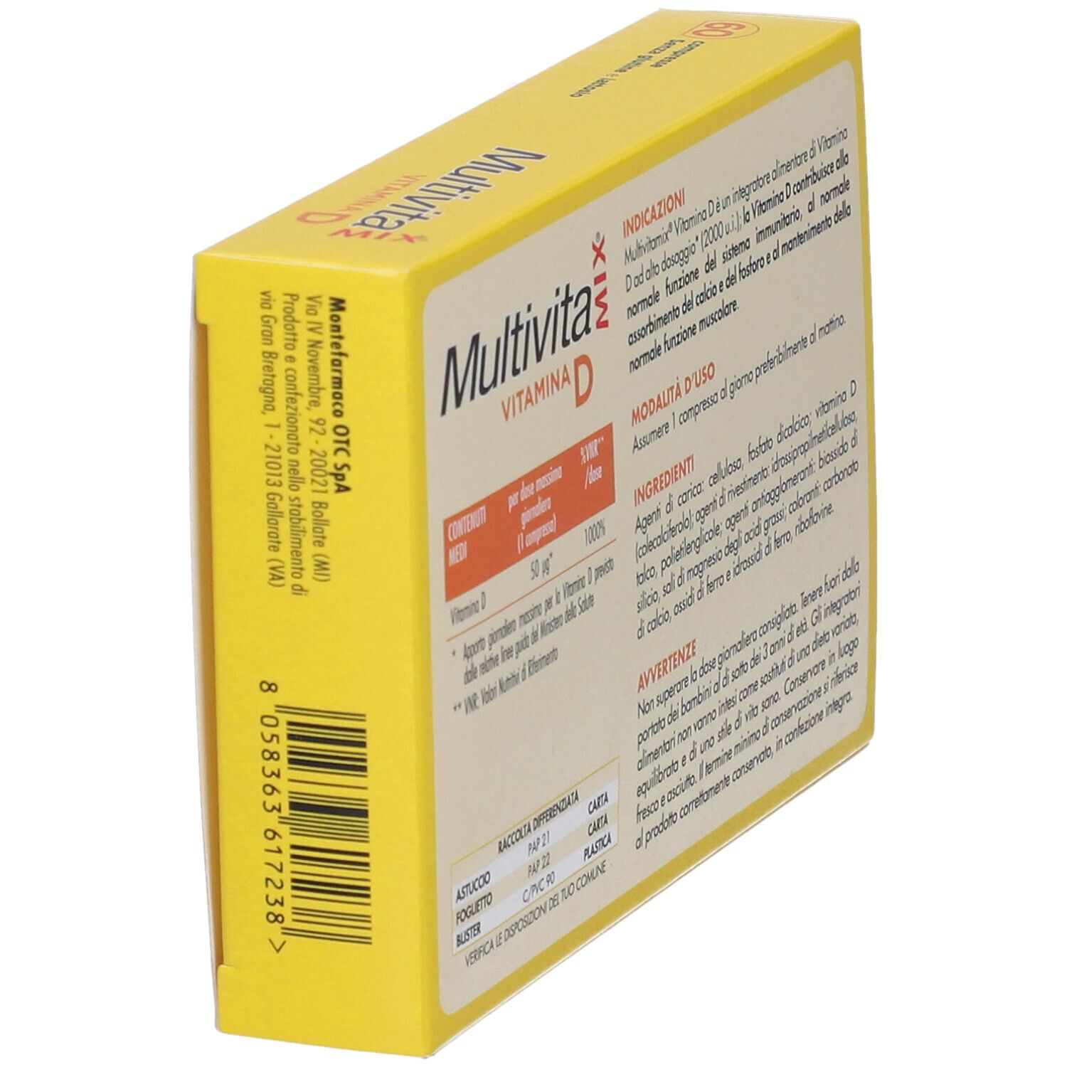 Gelbe Schachtel, seitliche Ansicht. "Multivita Mix Vitamina D". Text in italienischer Sprache. Enthält 60 Tabletten.