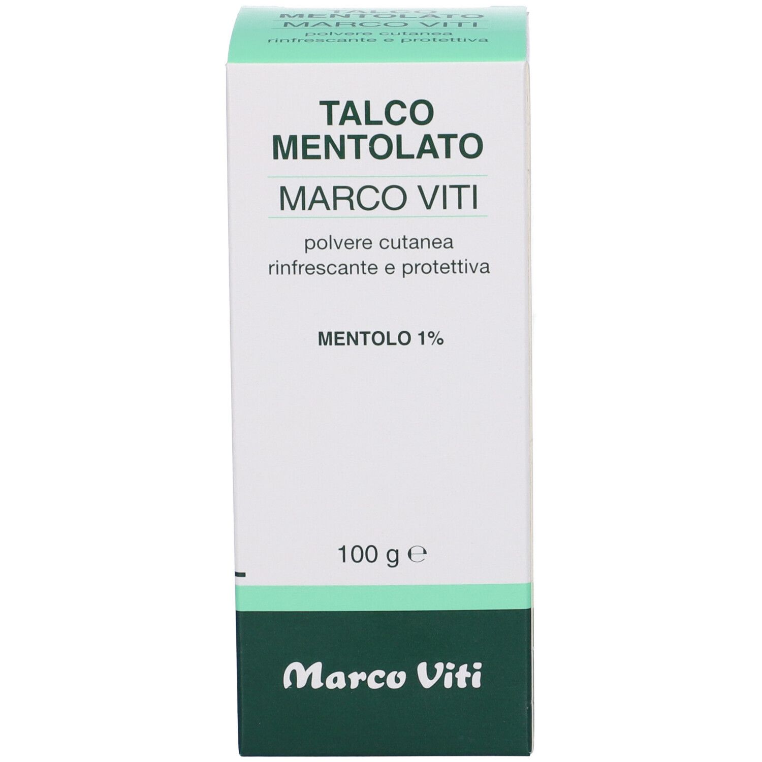 Scatola con scritta TALCO MENTOLATO MARCO VITI, 100 g. Scritta verde.