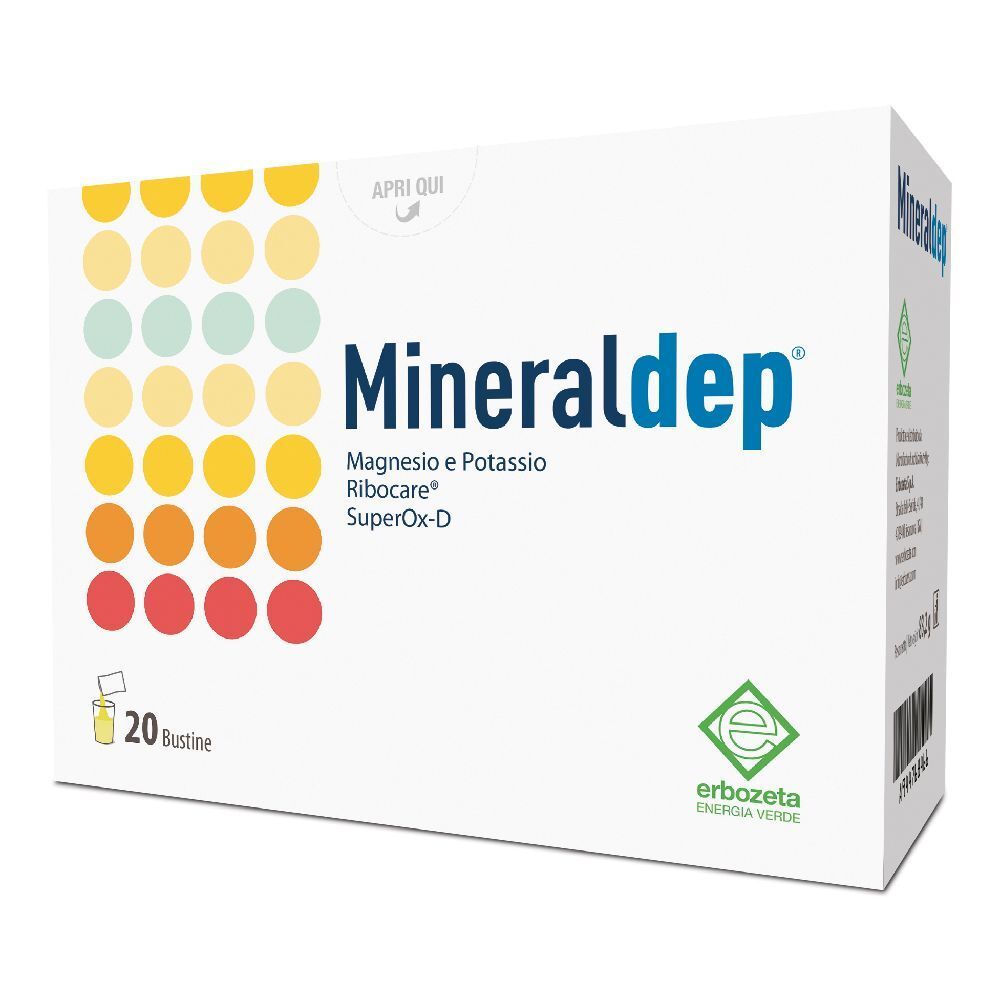 Boîte blanche avec logo "Mineraldep" et informations produit. 20 sachets. Logo Erbozeta.