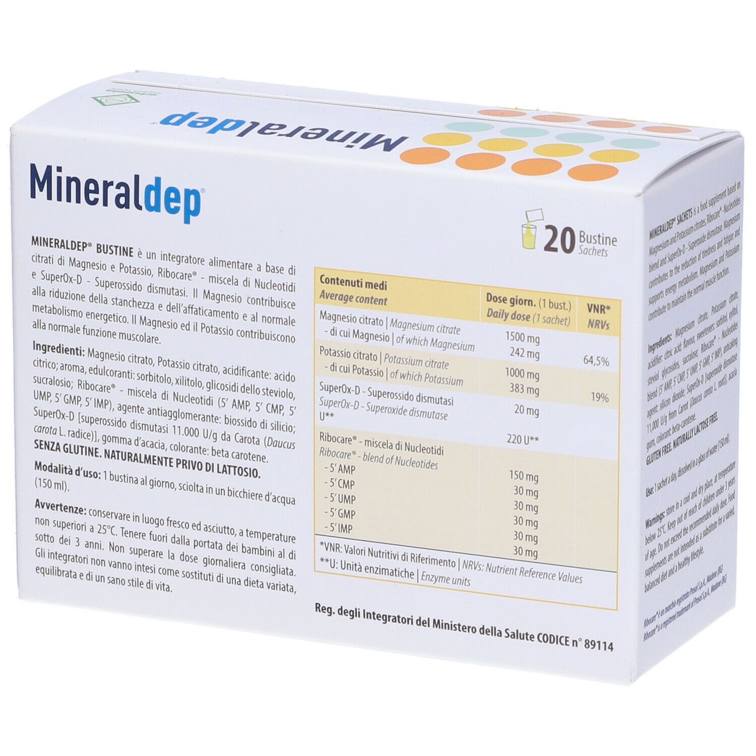 Boîte blanche avec logo "Mineraldep" et informations produit. 20 sachets. Logo Erbozeta.