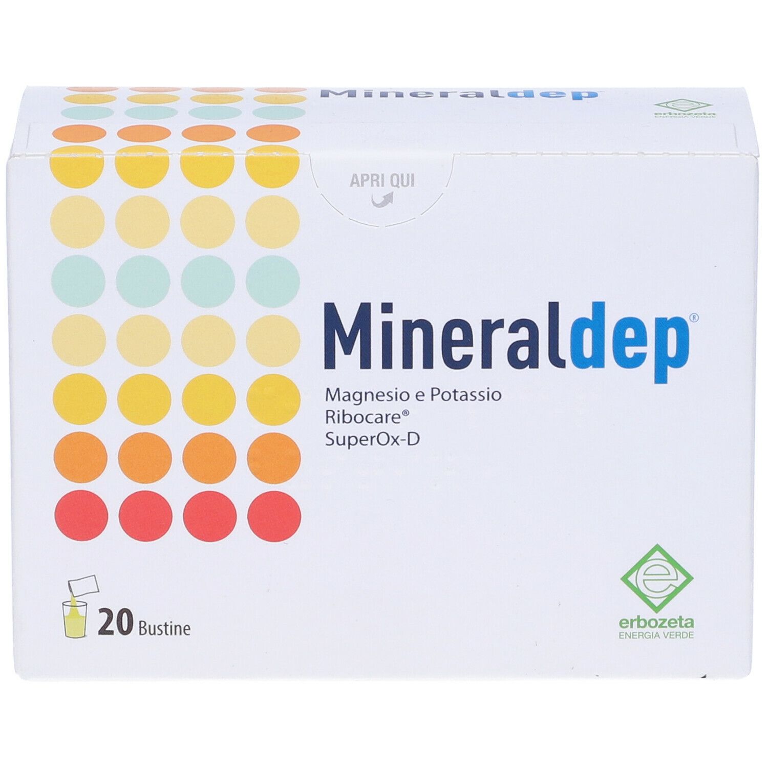 Dos de l'emballage "Mineraldep" avec ingrédients et informations nutritionnelles. 20 sachets.