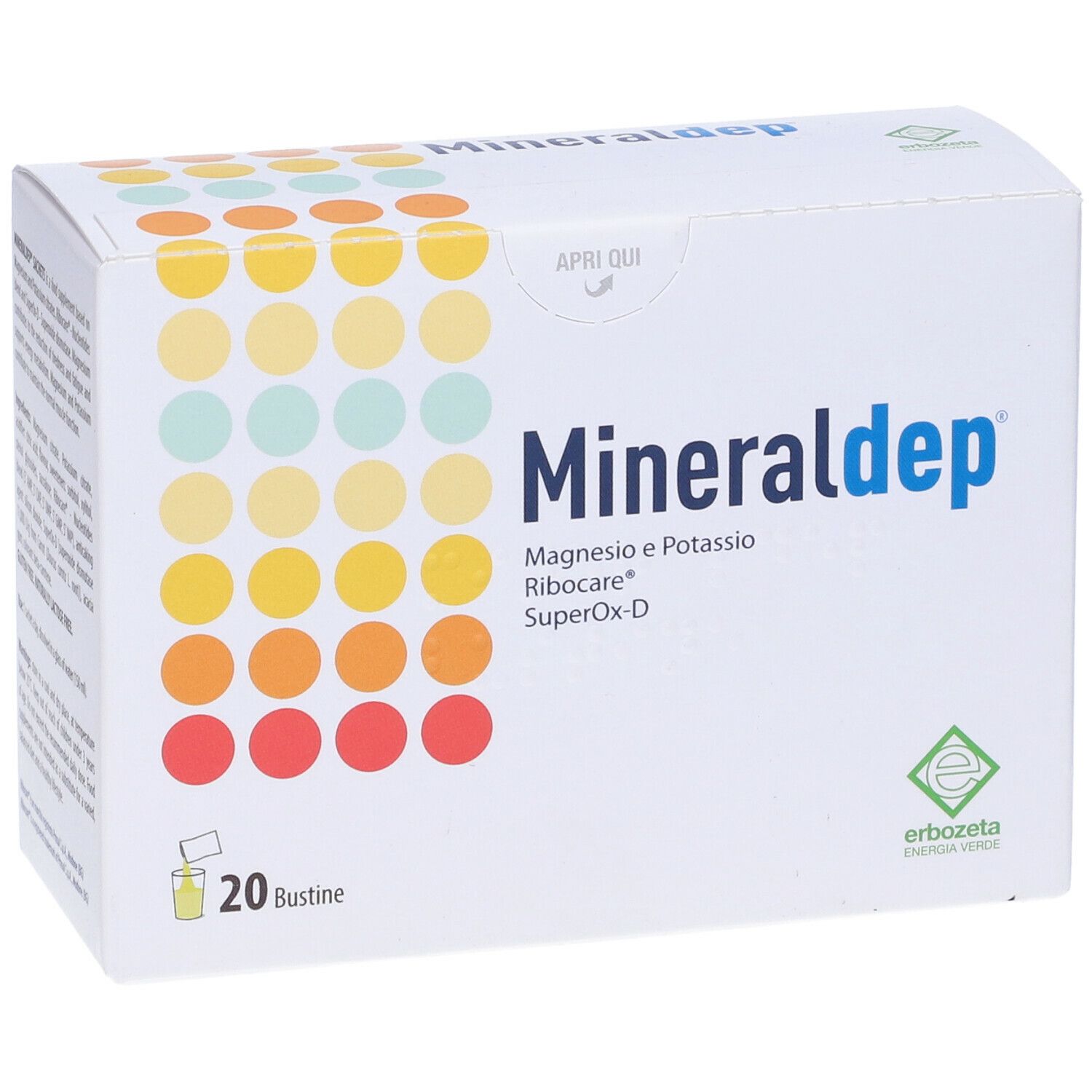 Boîte blanche avec logo "Mineraldep" et informations produit. 20 sachets. Logo Erbozeta.