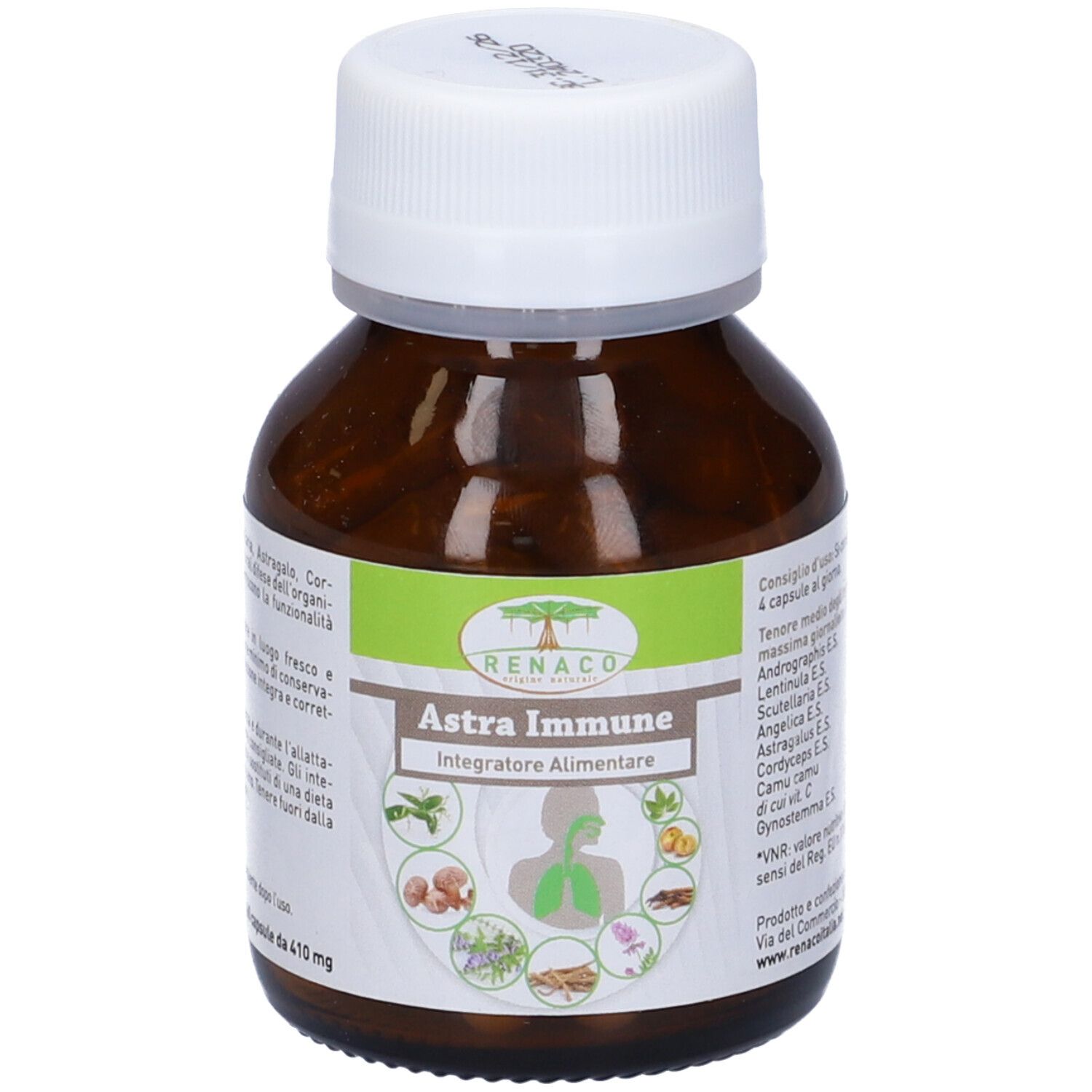 Flacone di vetro marrone con tappo bianco. Etichetta "Renaco Astra Immune" e illustrazioni di erbe. 60 capsule.