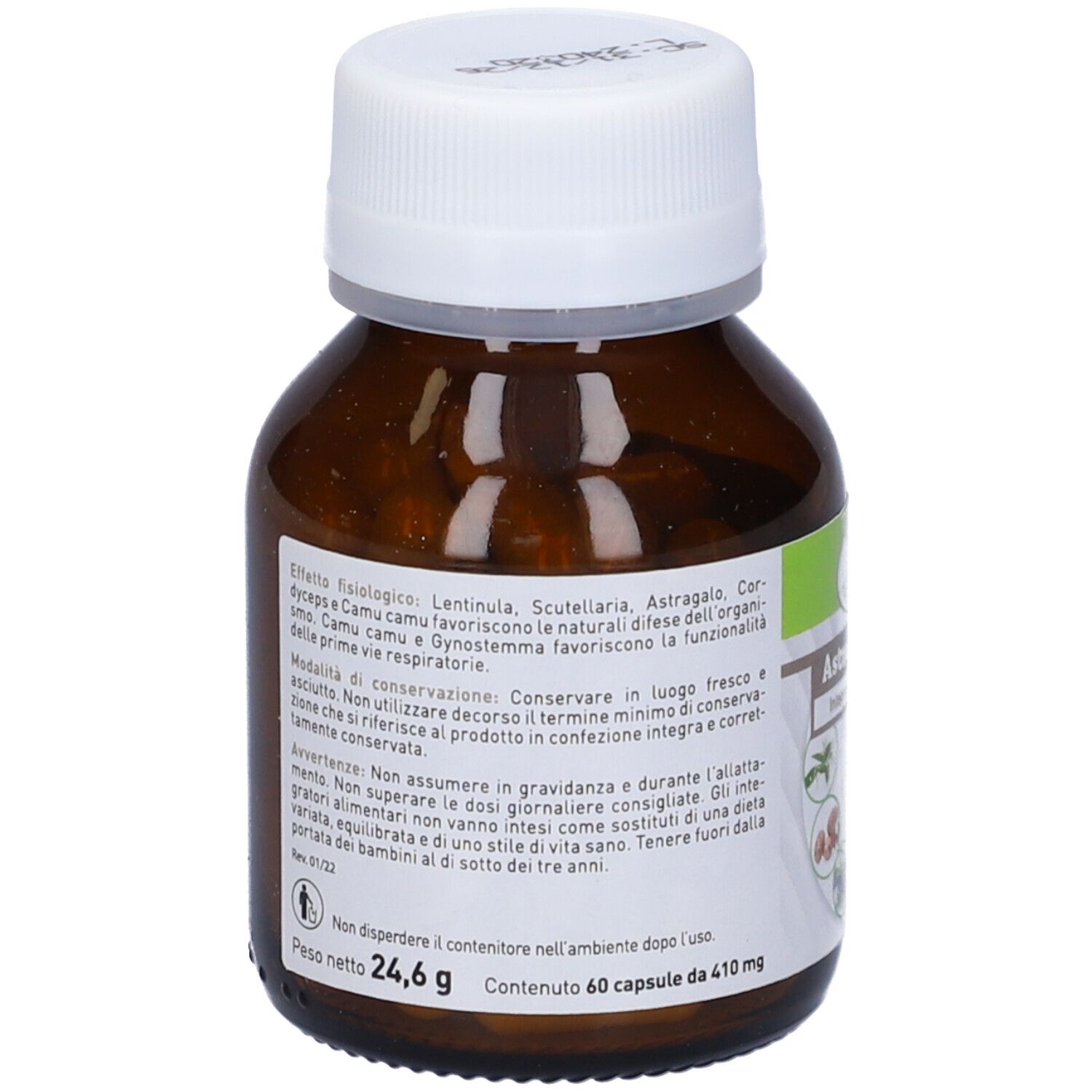 Flacone di vetro marrone con tappo bianco. Retro con testo e informazioni. 60 capsule, 24,6 g.