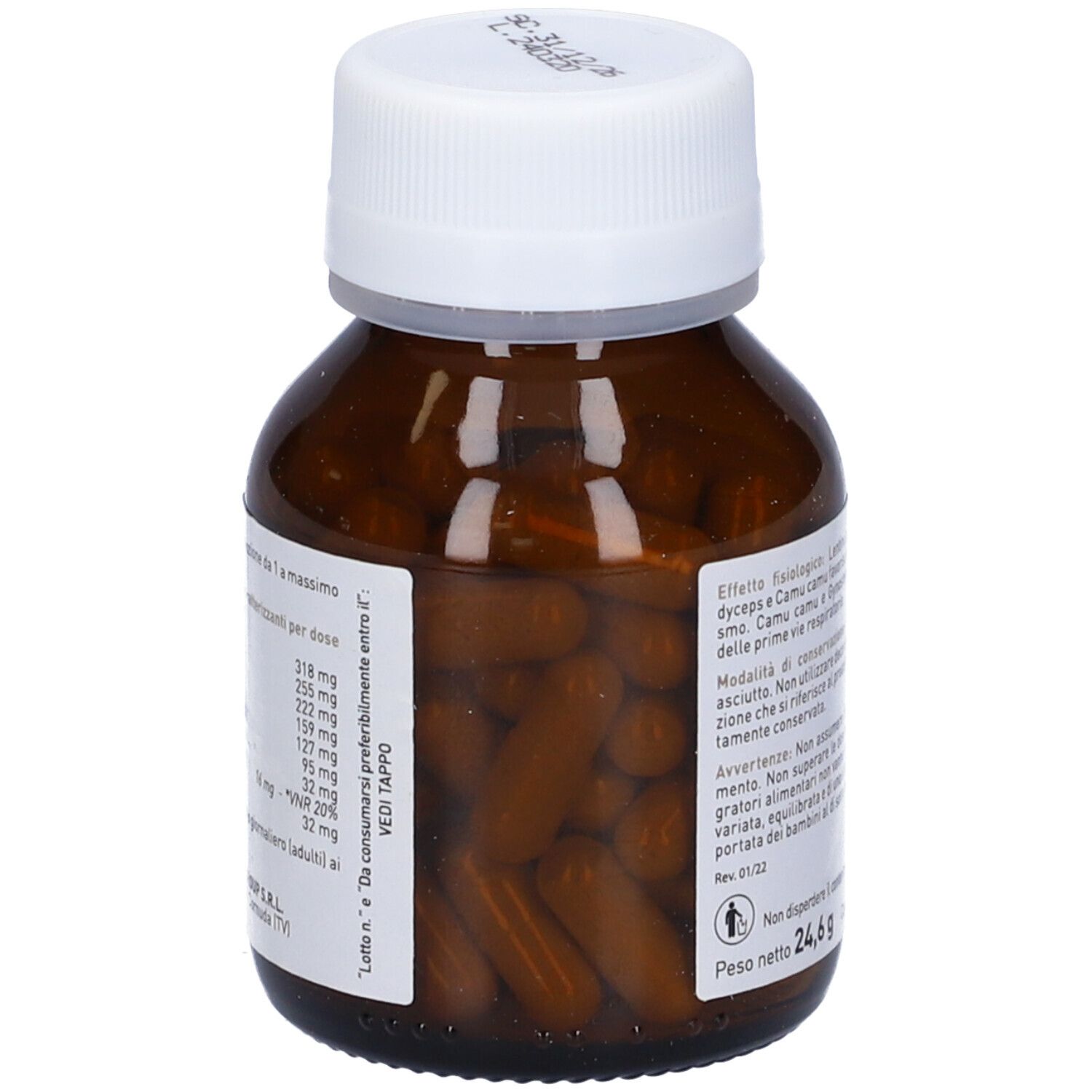 Flacone di vetro marrone con tappo bianco. Capsule visibili. Retro con testo. 60 capsule, 24,6 g.