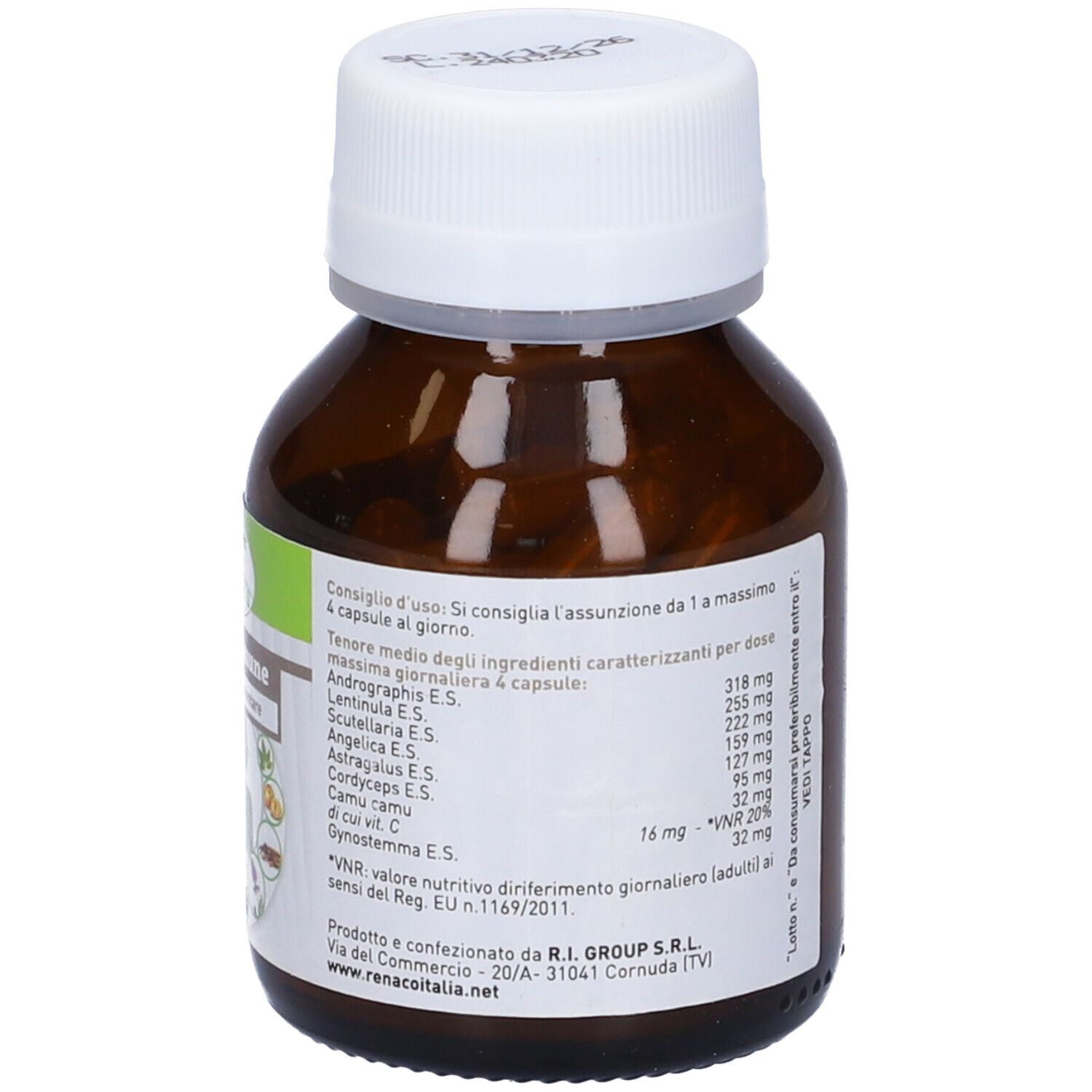 Flacone di vetro marrone con tappo bianco. Etichetta con ingredienti e dosaggio. 60 capsule.