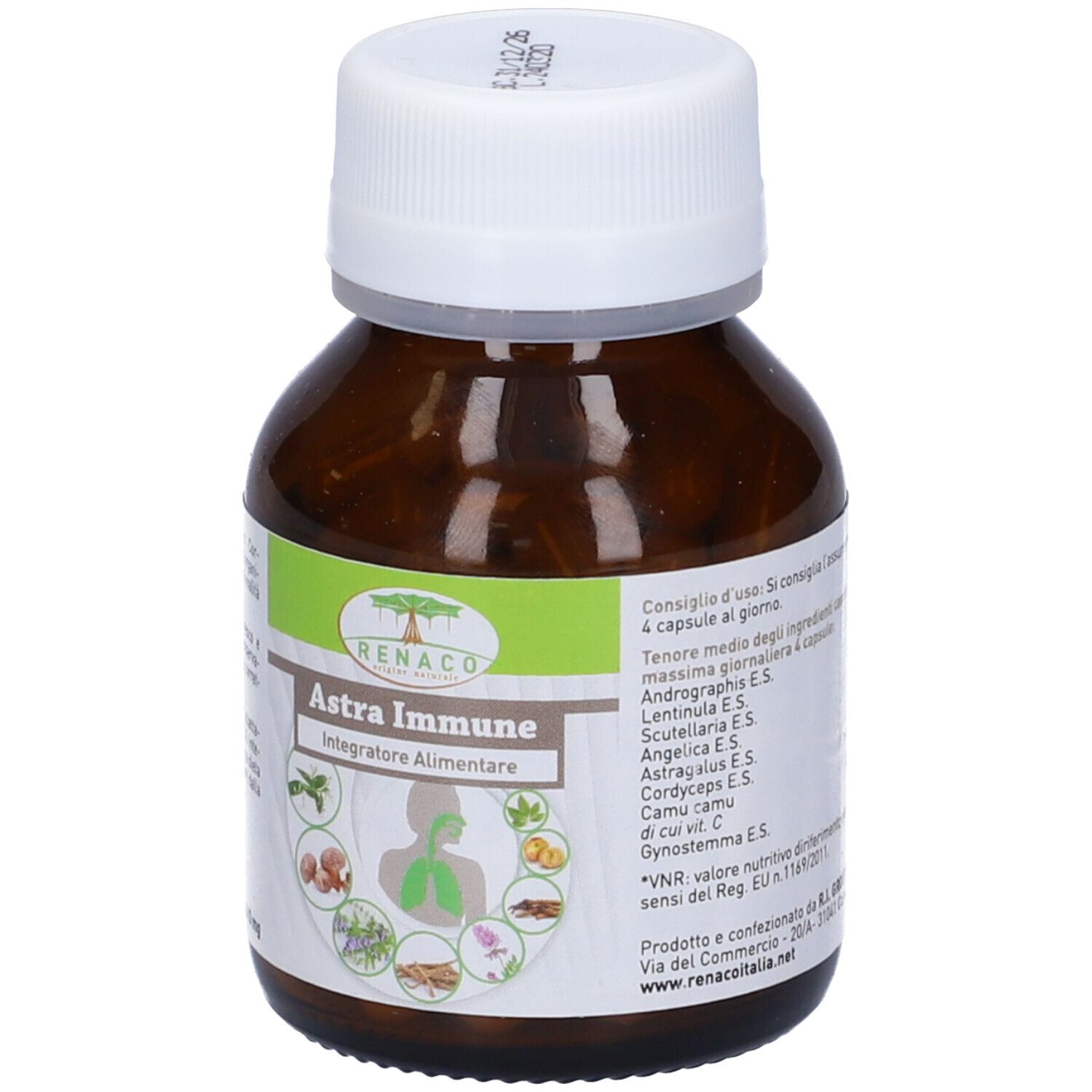 Flacone di vetro marrone con tappo bianco. Etichetta "Renaco Astra Immune" e illustrazioni. 60 capsule.